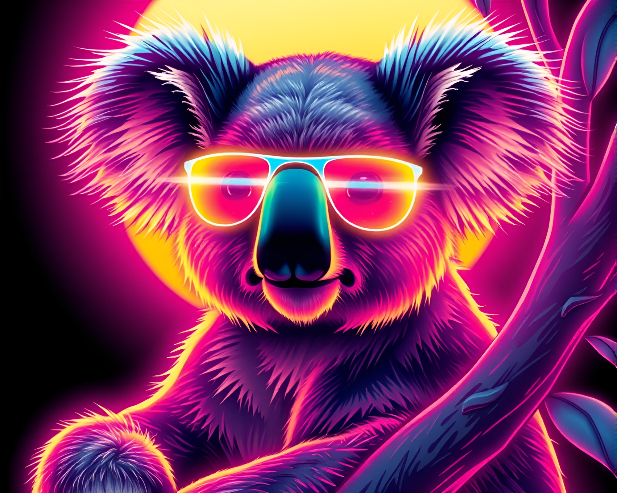 Neon Glow Koala Among Sun Glares – free AI stock image