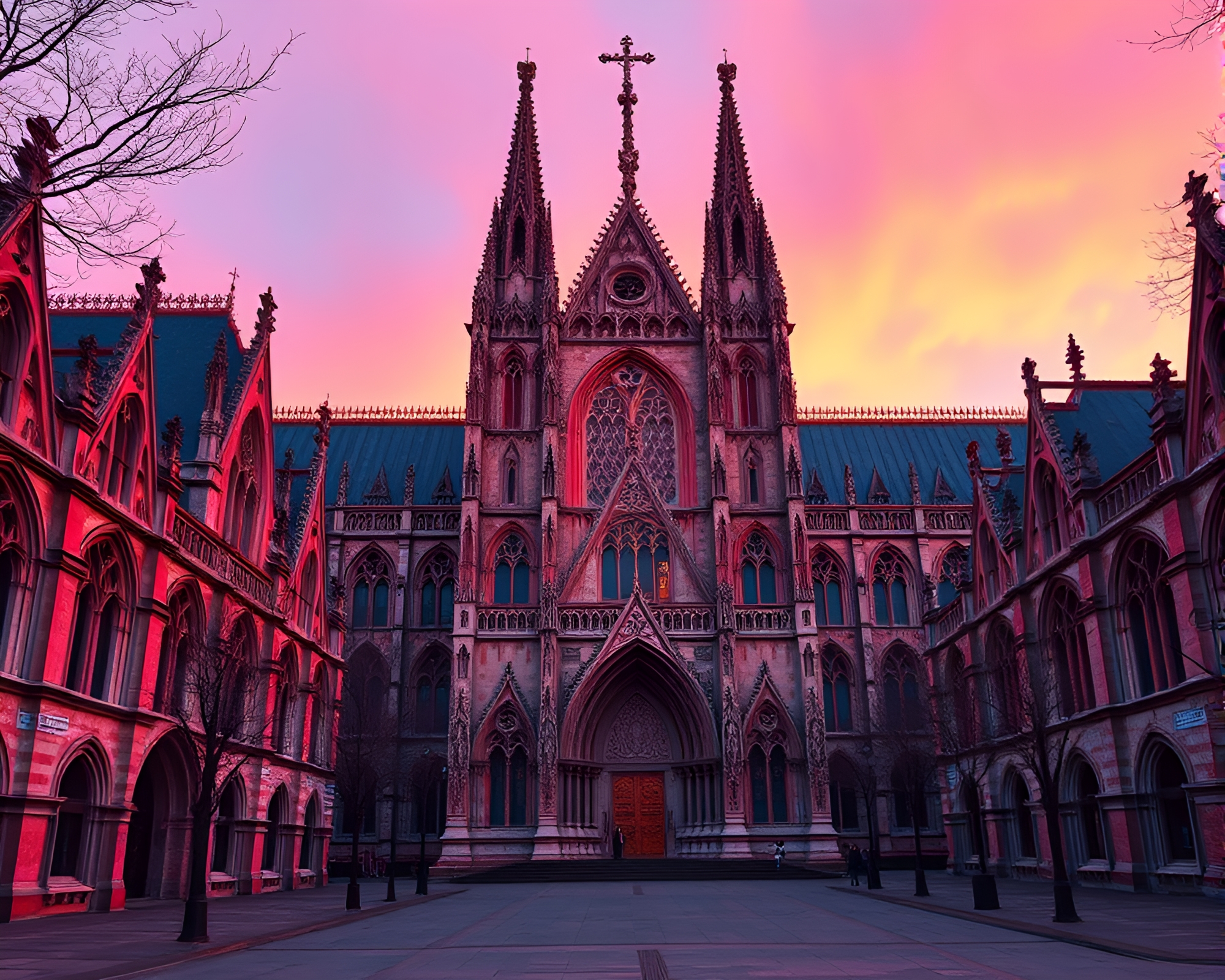 Gothic Cathedral Illuminated in Rose Gold and Ultraviolet – free AI stock image