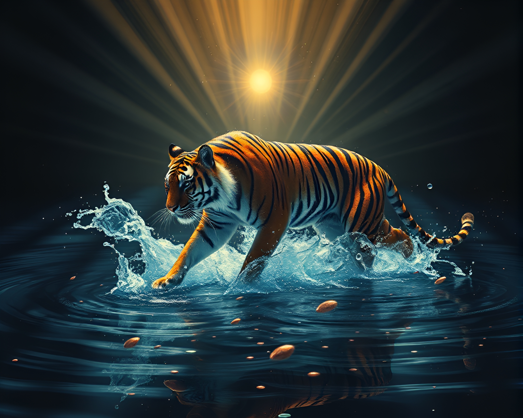 Tenebrism Tiger Roaring Under Water God Rays – free AI stock image