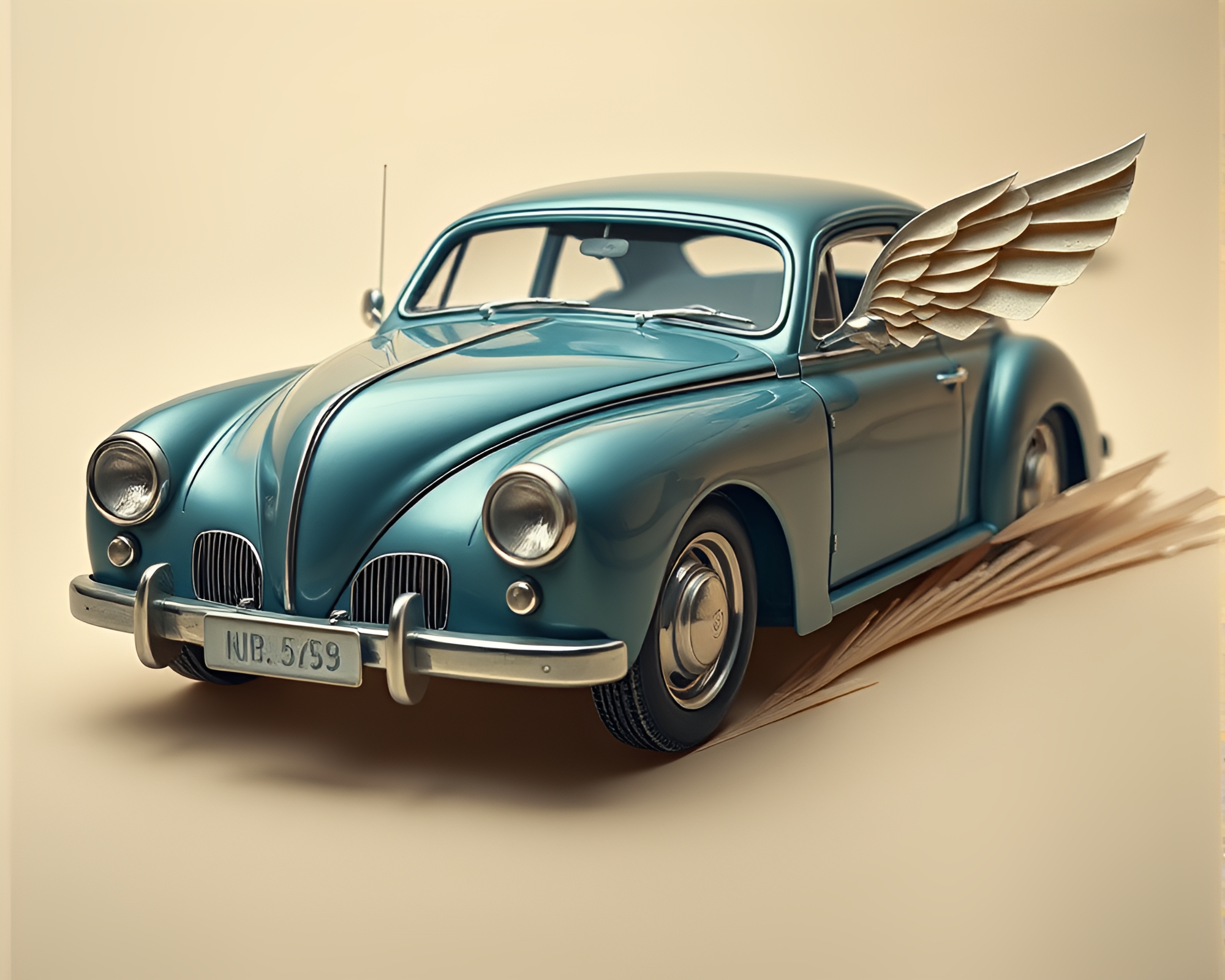 Torn Paper Framed Flying Car in Sepia Tone – free AI stock image