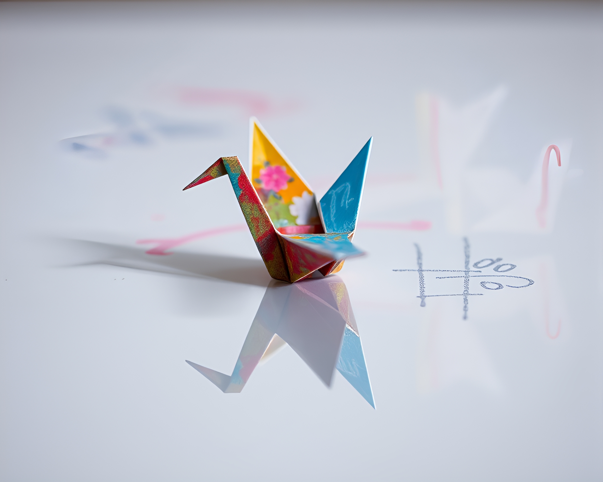 Origami Crane Reflection in Pastel Graffiti with Calligraphy Style – free AI stock image