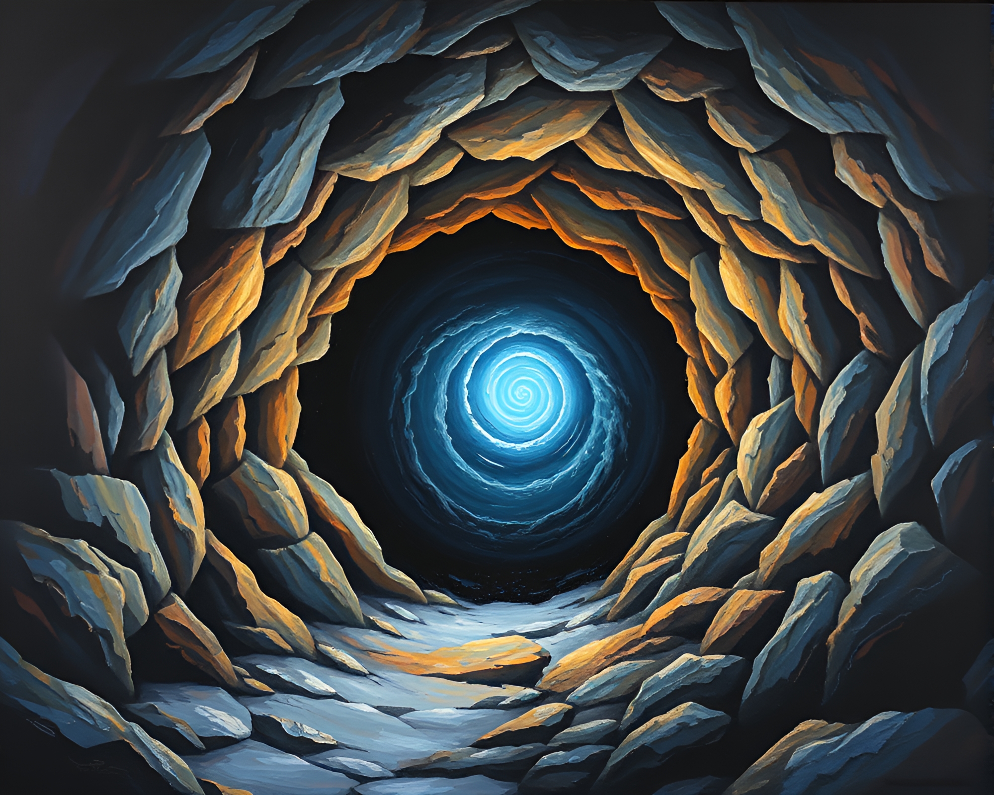 Fibonacci Spiral Cave Entrance Oil Painting – free AI stock image