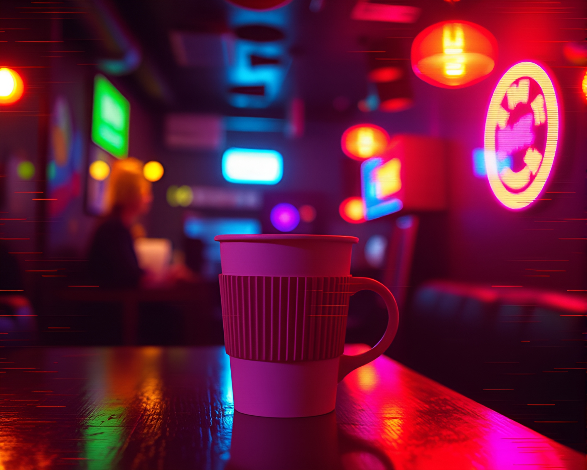 Glitch Art Coffee Cup with Club Lights – free AI stock image