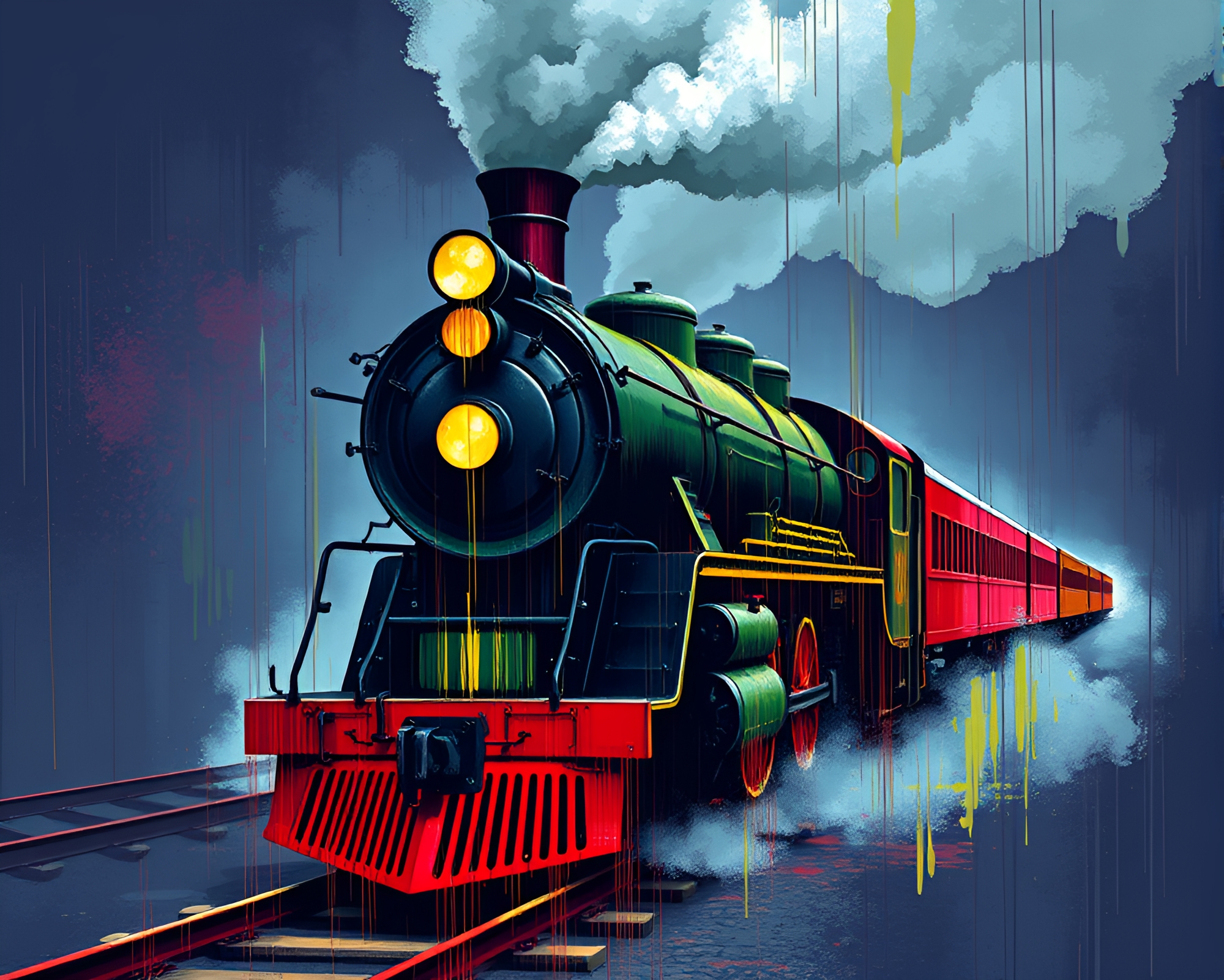Steam locomotive pixel art with spray paint drips – free AI stock image