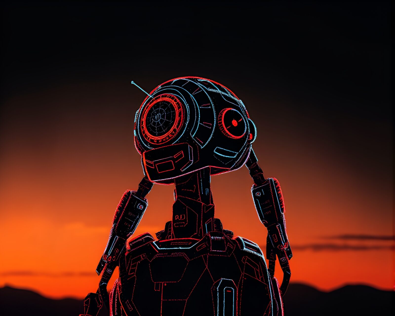 A futuristic robot outlined in chalk against a sunset sky