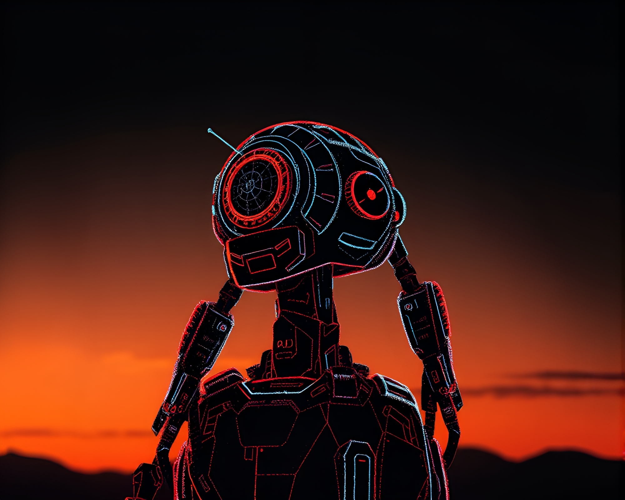 Robot Wireframe Chalk Art at Sunset – free AI stock image