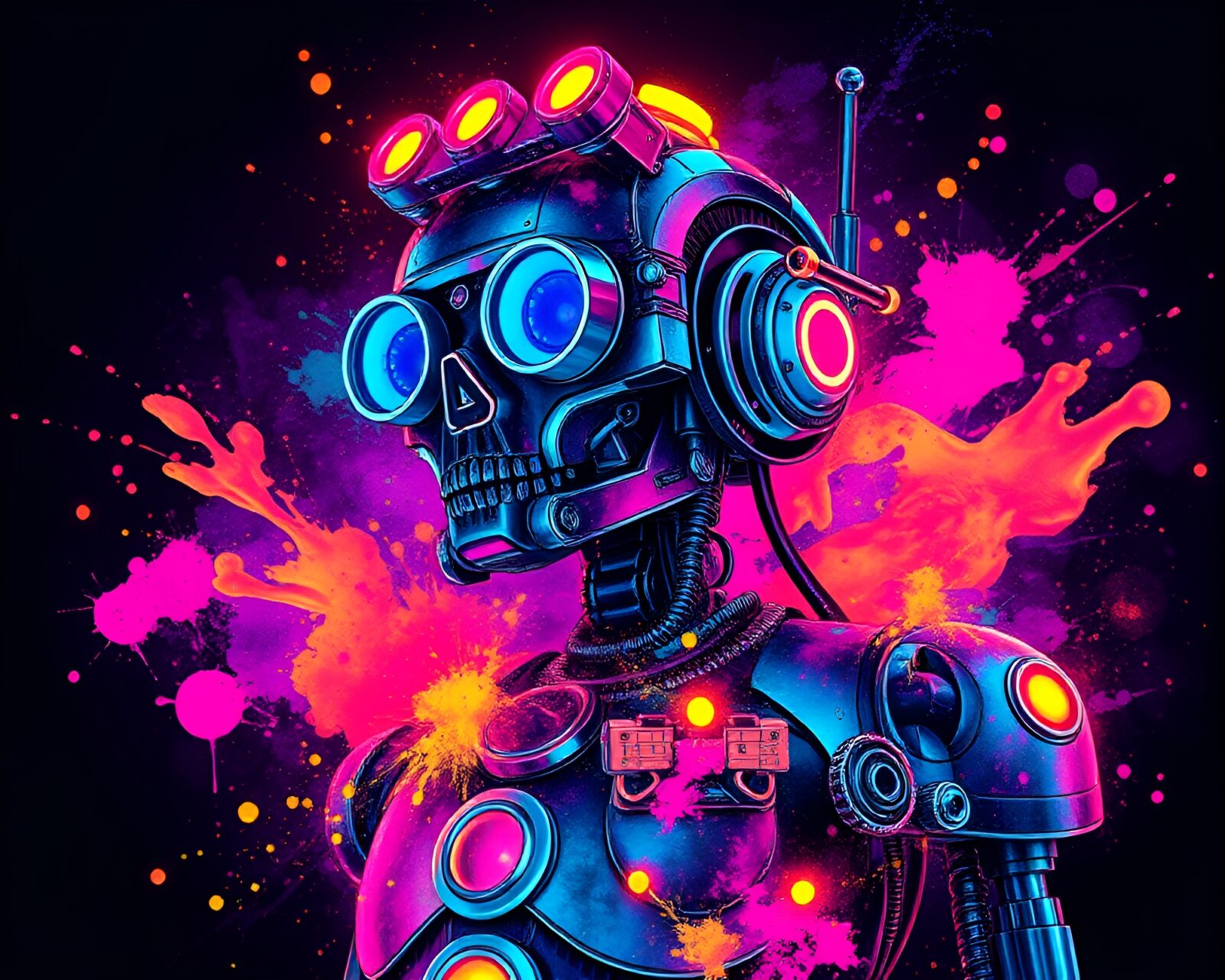Vibrant neon-colored steampunk robot in ultraviolet ink splashes