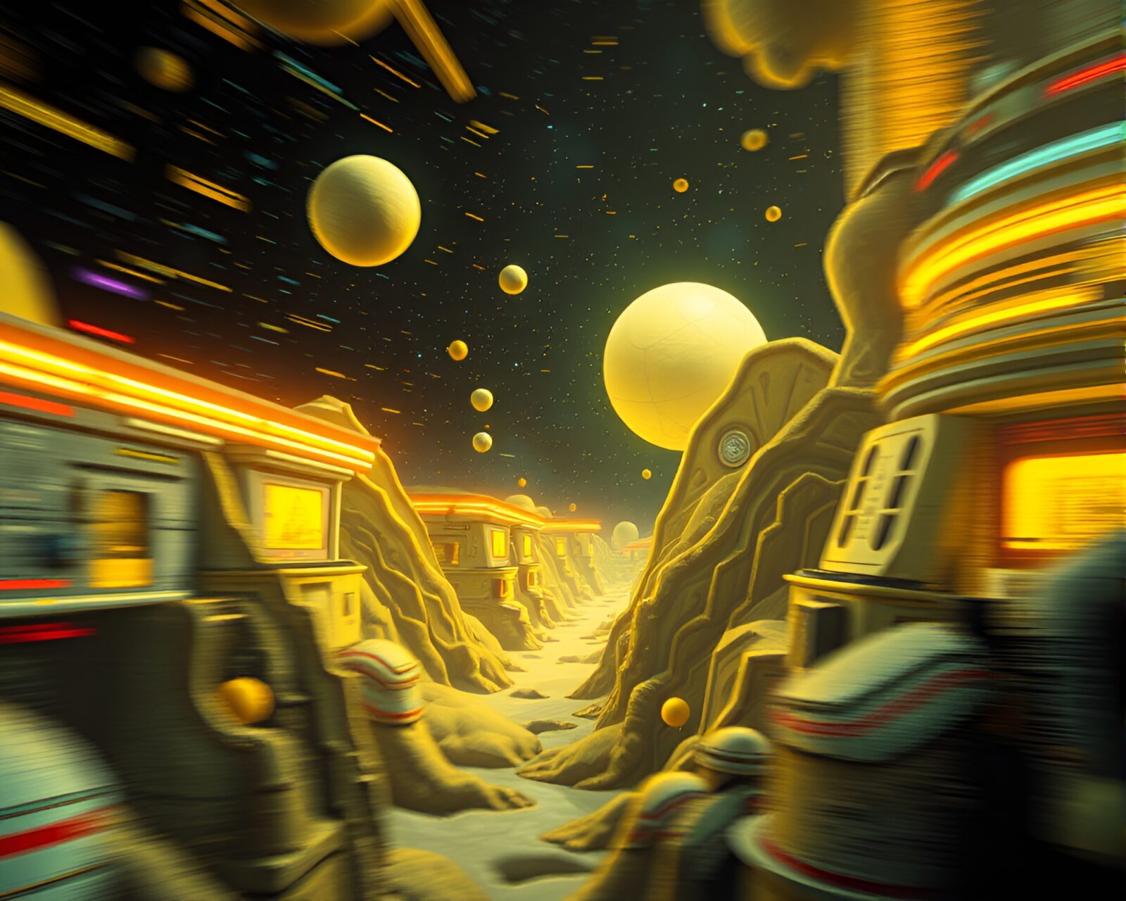 Cyberpunk illustration of a vibrant space habitat in motion.