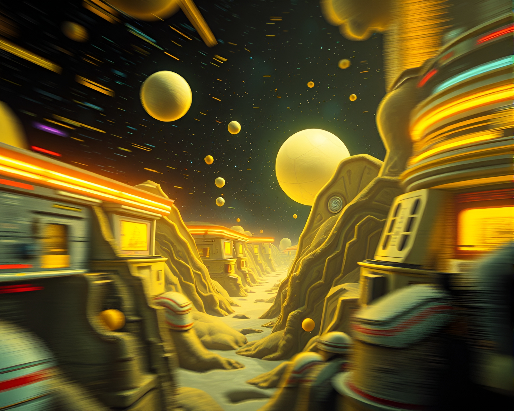 Futuristic Lemon Yellow Space Habitat with Pan Motion Blur – free AI stock image