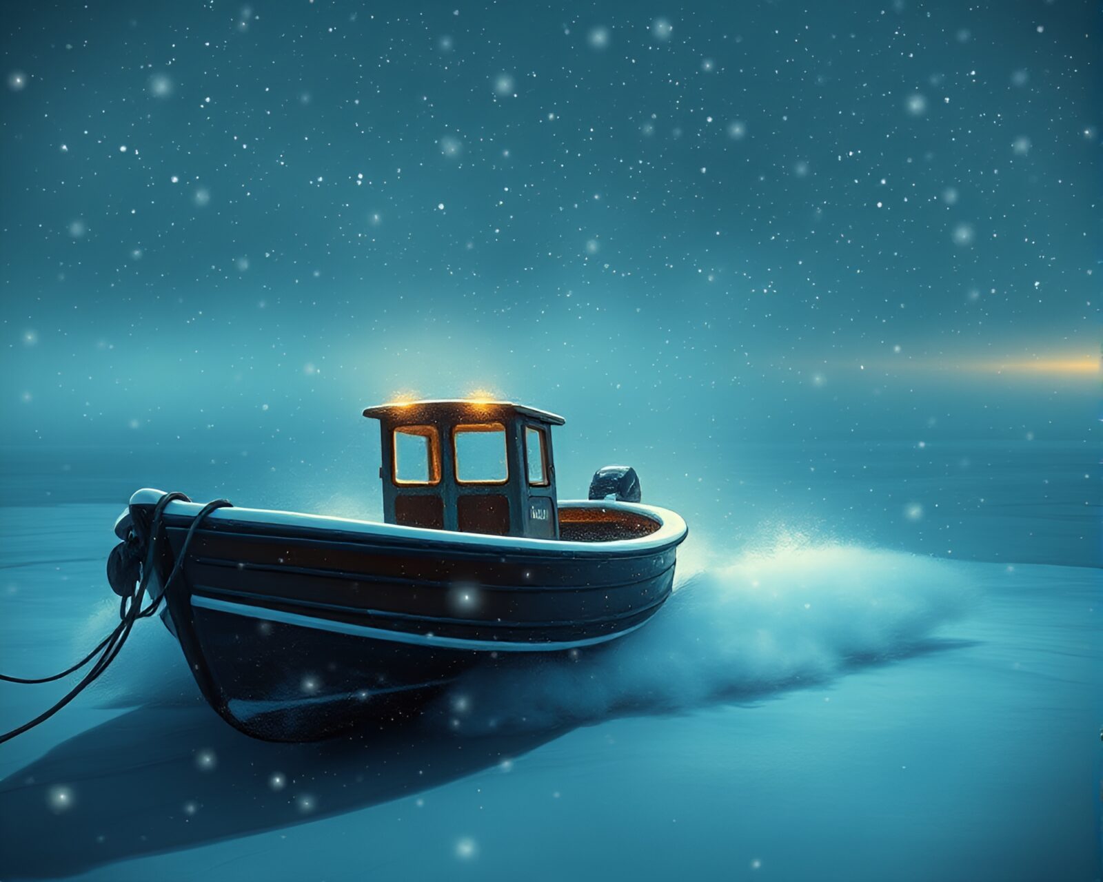 Manga-style hydrofoil boat gliding in dust overlay snow light