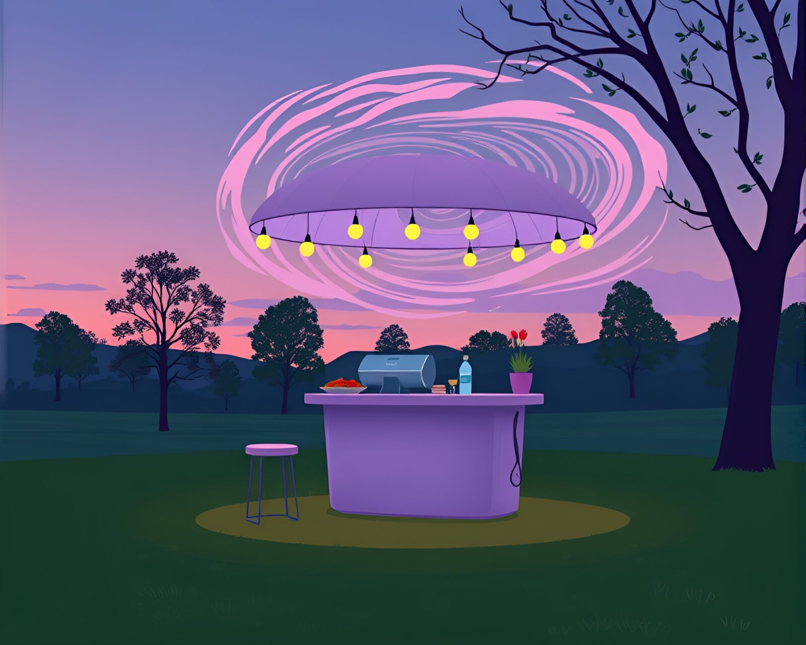 Flat color image of taco stand in swirling lavender twilight