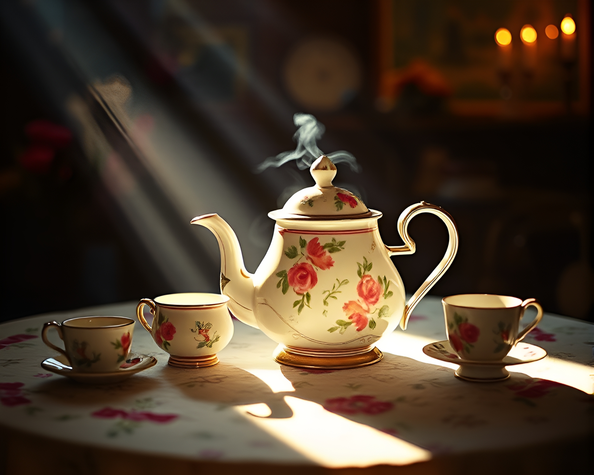 Vintage Alice in Wonderland Tea Set with Film Burns – free AI stock image