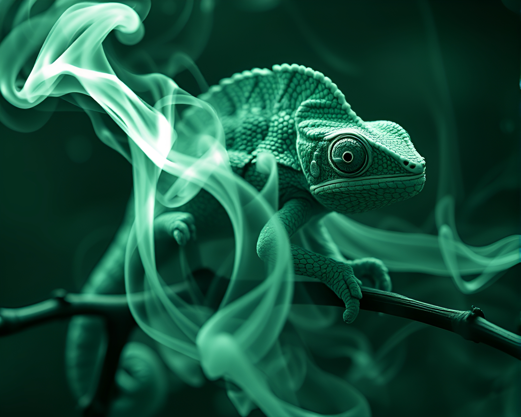 Mint Green Chameleon amidst Monochrome Smoke Ring Compositions – free AI stock image