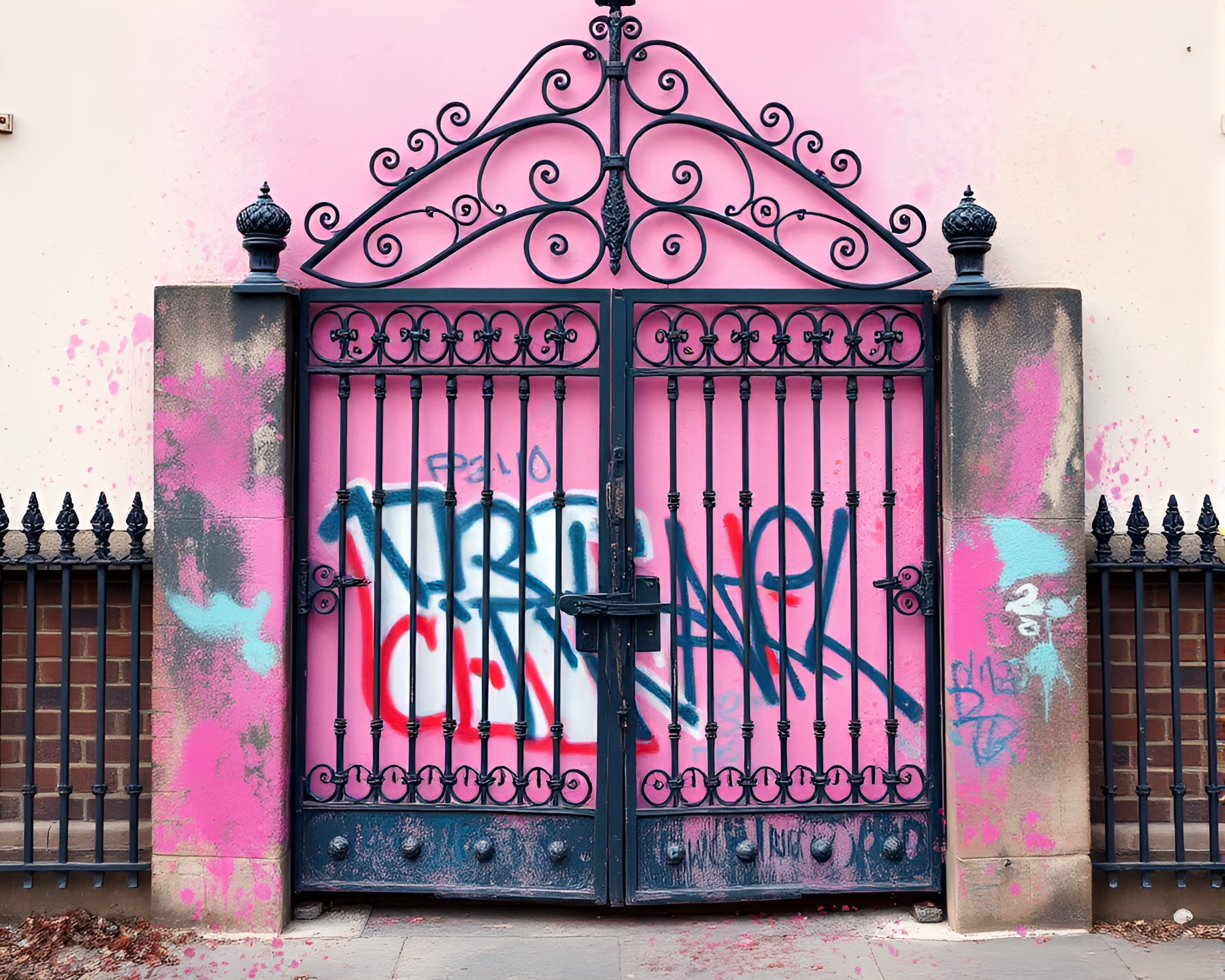 Pastel tones on wrought iron gate with dust overlay – free AI stock image