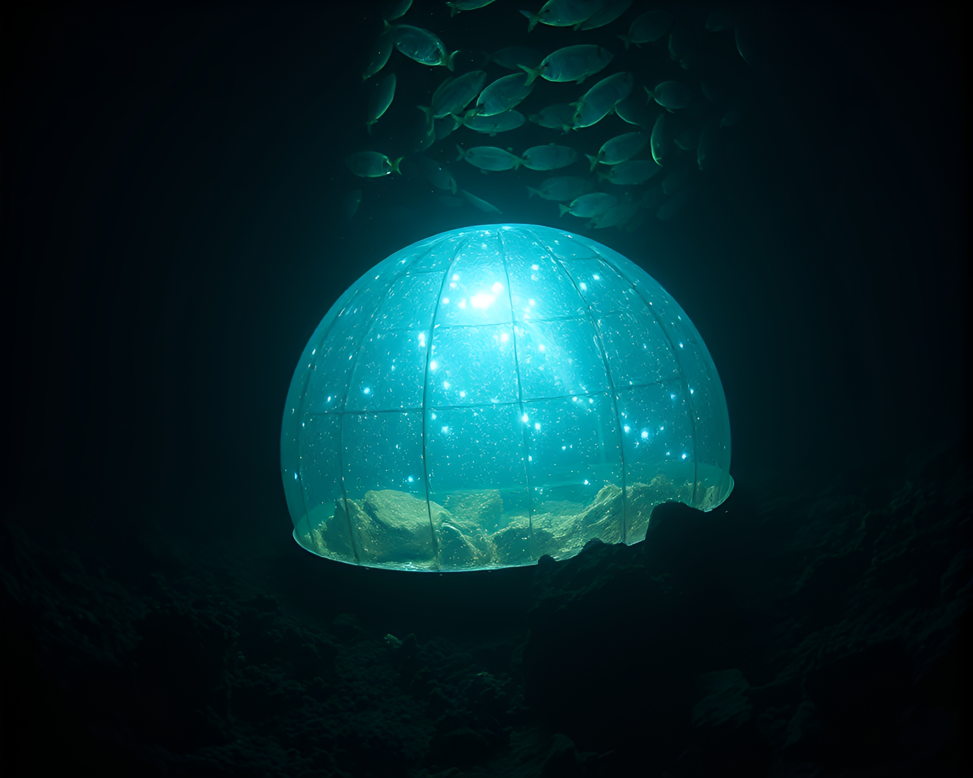 Bioluminescent underwater dome shines with hatching patterns – free AI stock image
