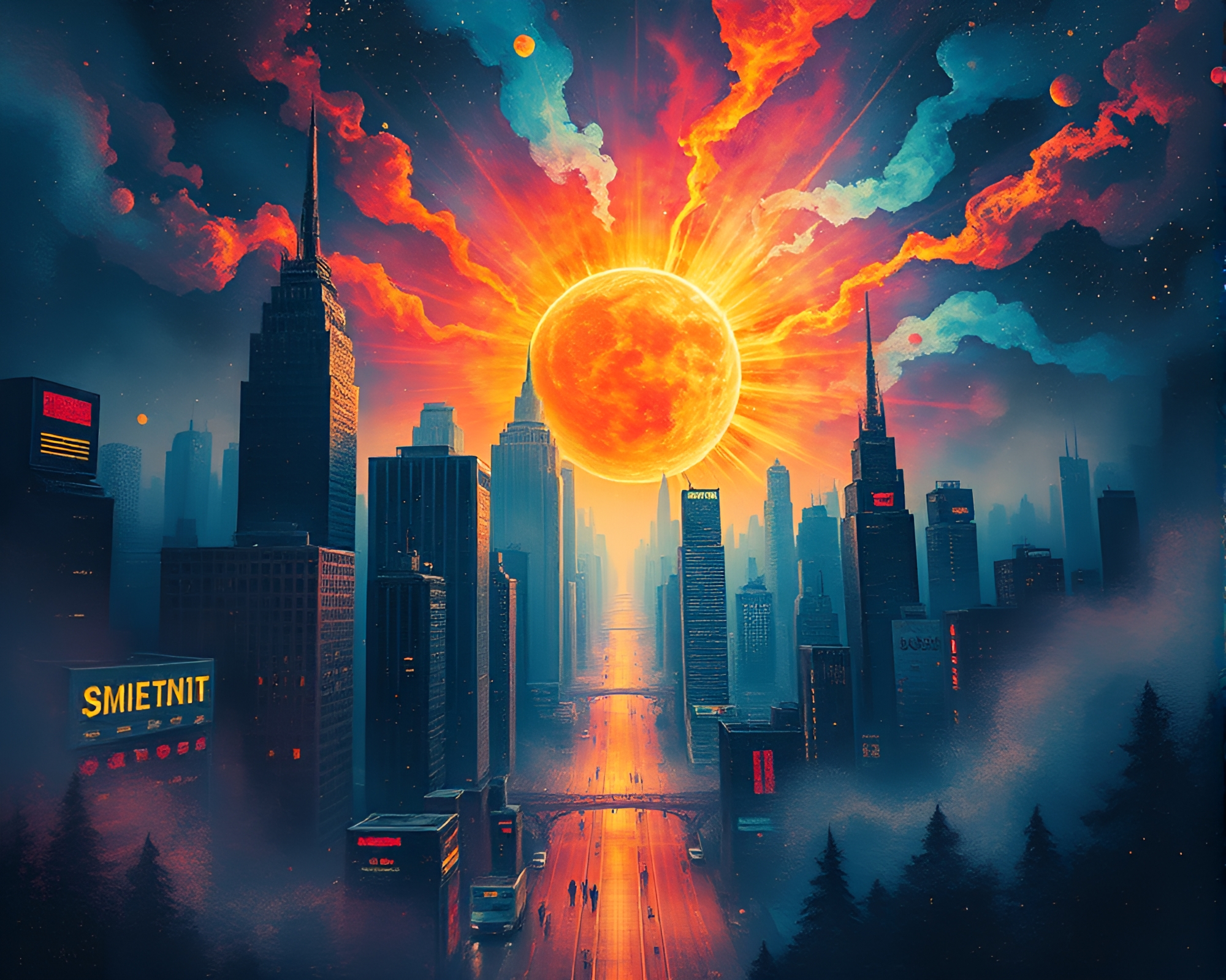 Futuristic Cityscape with Cosmic Nebula Hues – free AI stock image