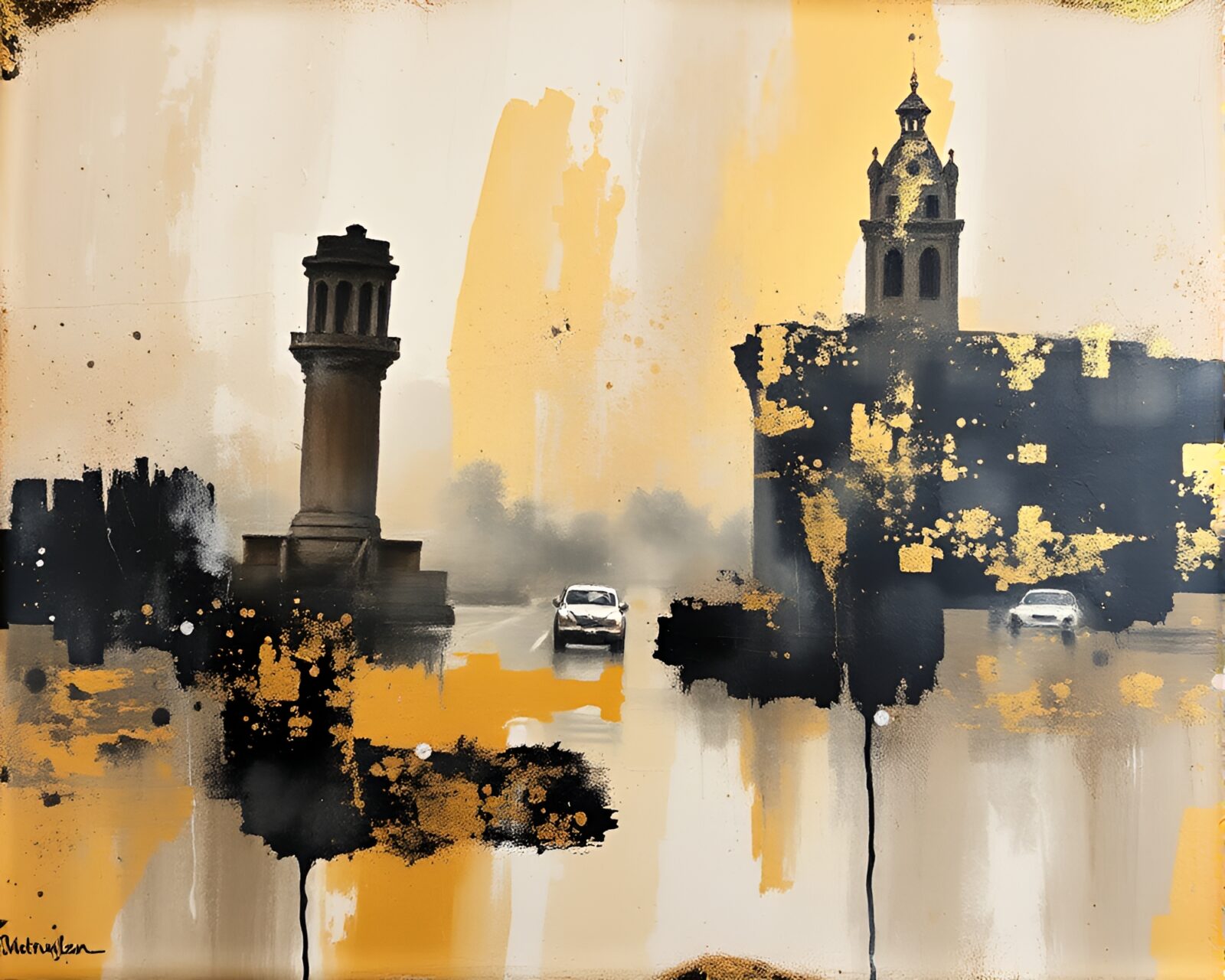 Golden savannah landscape rendered in encaustic charcoal strokes art