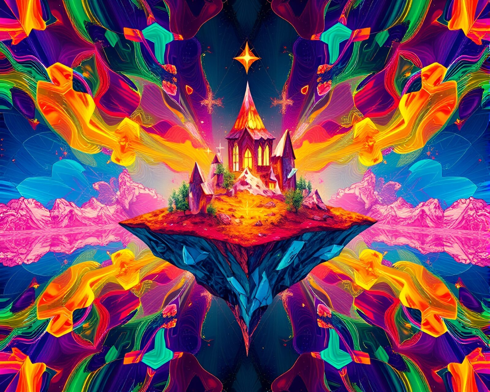 Colorful abstract line art of floating island kaleidoscope