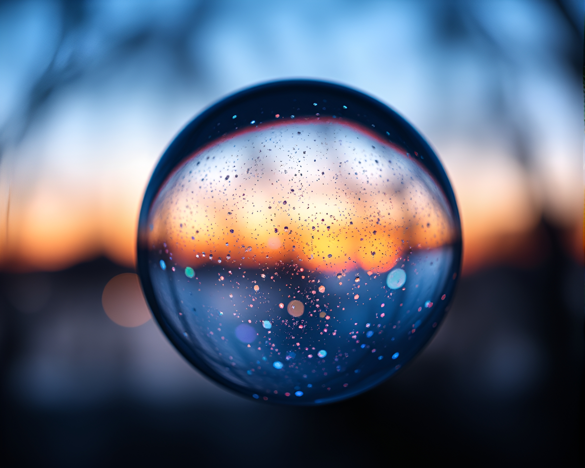 Twilight Glass Orb with Hologram Specks – free AI stock image