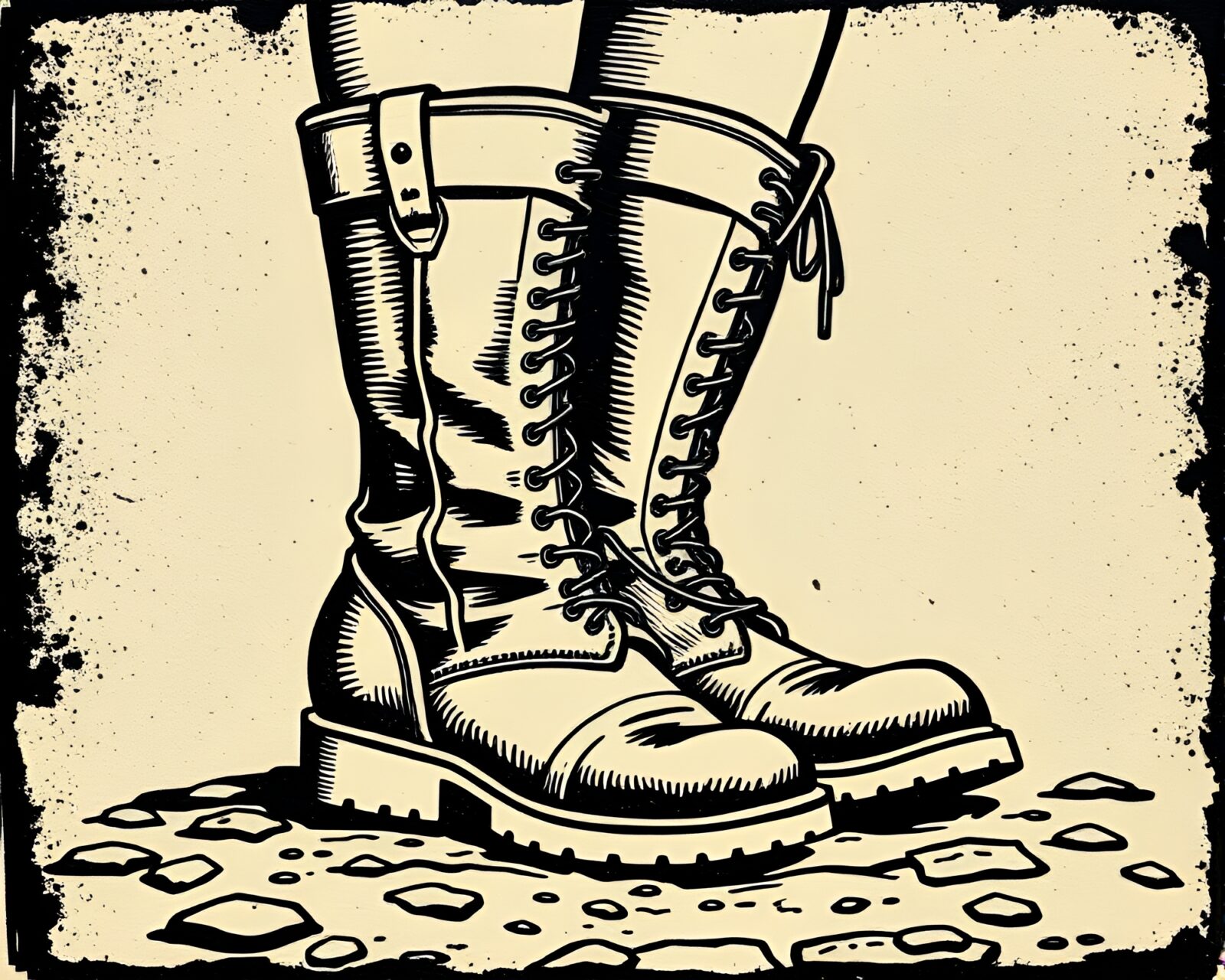Metallic sheen gravity boots in detailed linocut illustration