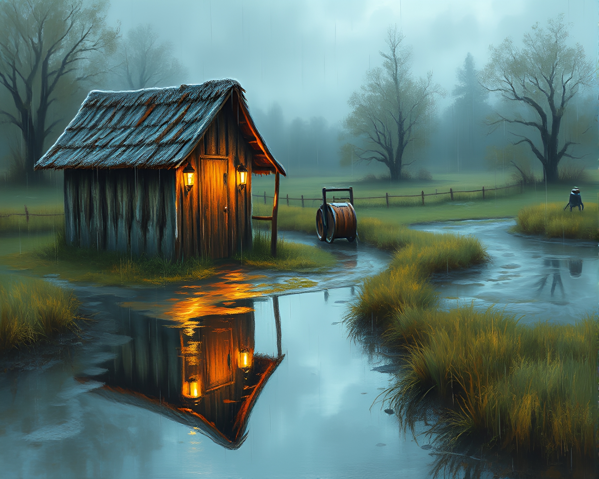 Rainy Reflections: Mud Hut in Pastel Chrome – free AI stock image