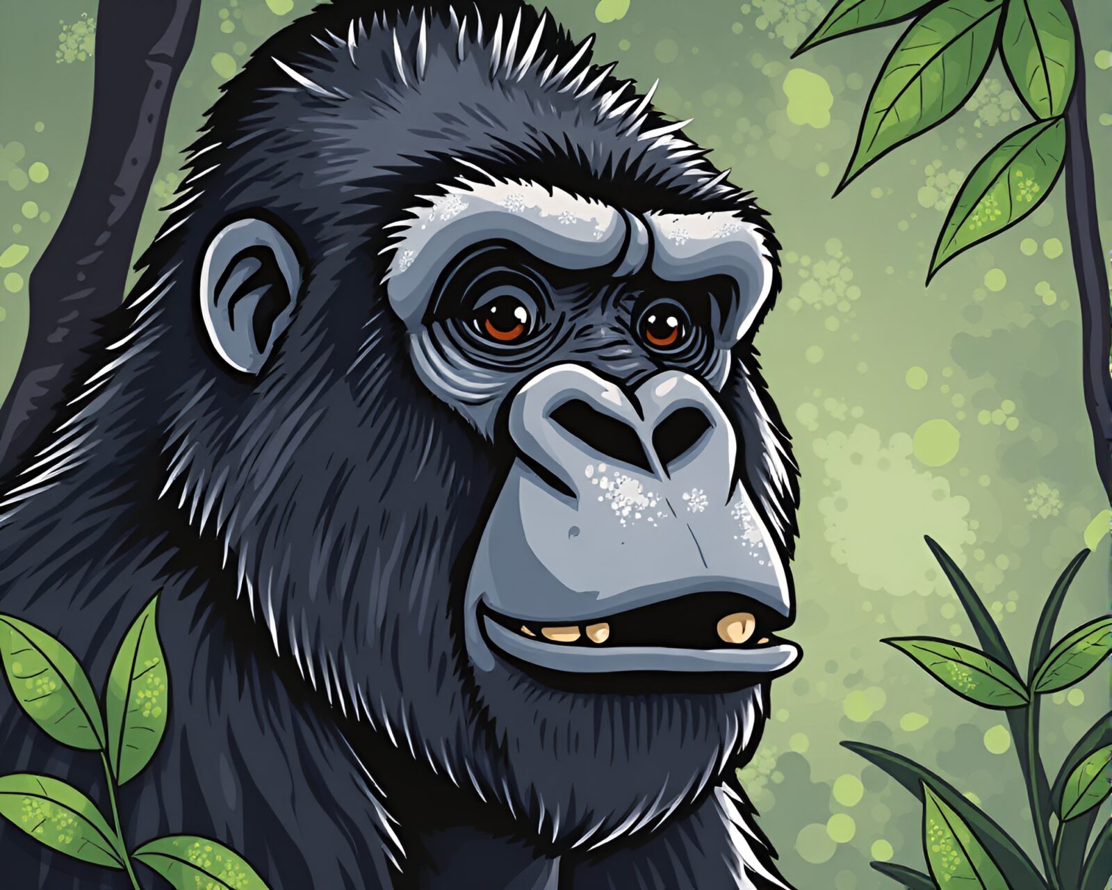A majestic gorilla in intricate stippling cartoon art
