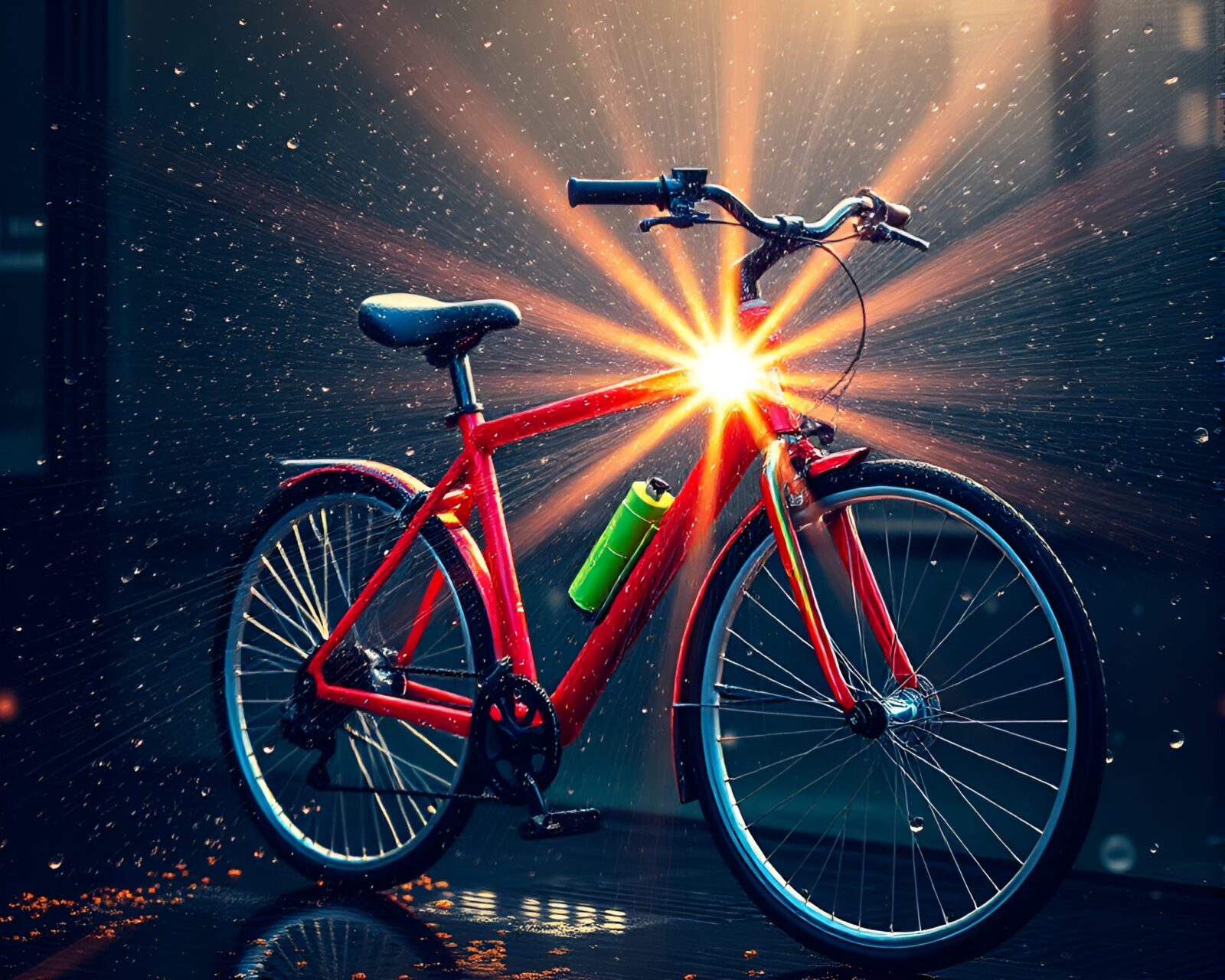 A futuristic bike gleaming with starburst colors in water droplets