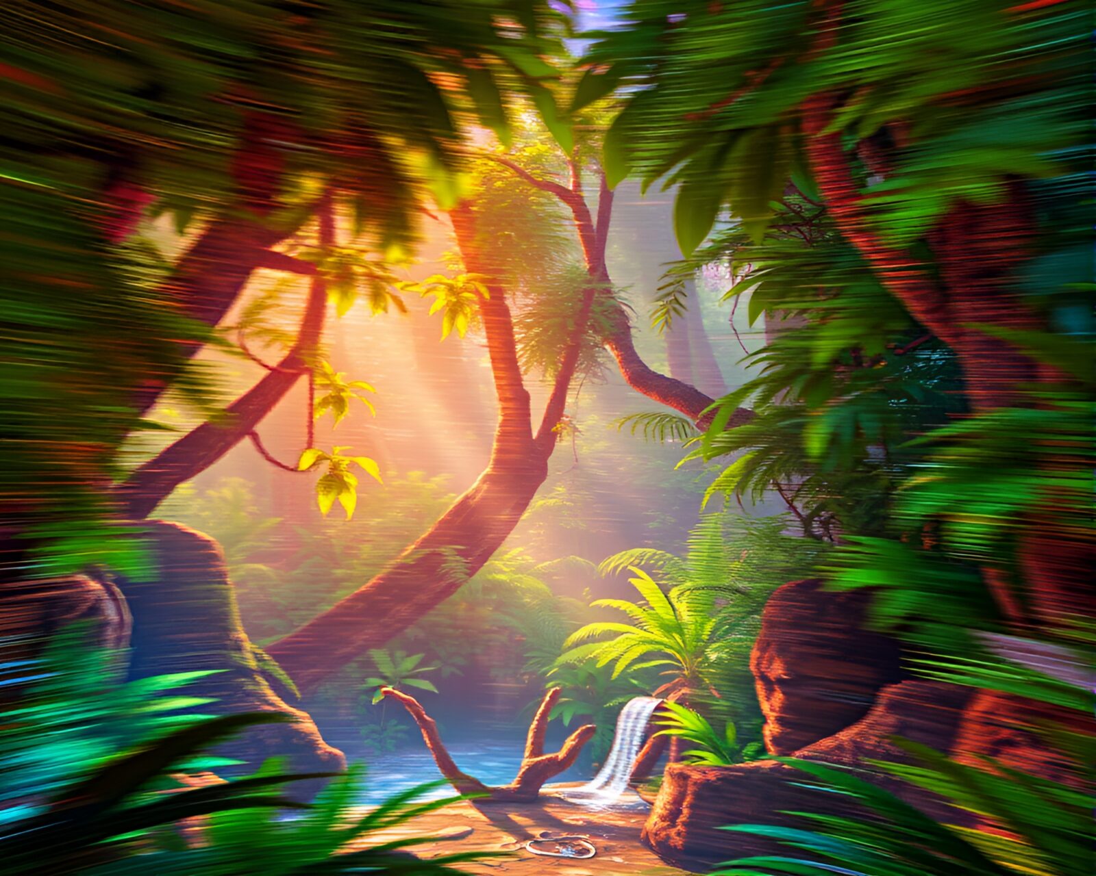 Illustration of steampunk jungle with holographic sheen and motion blur