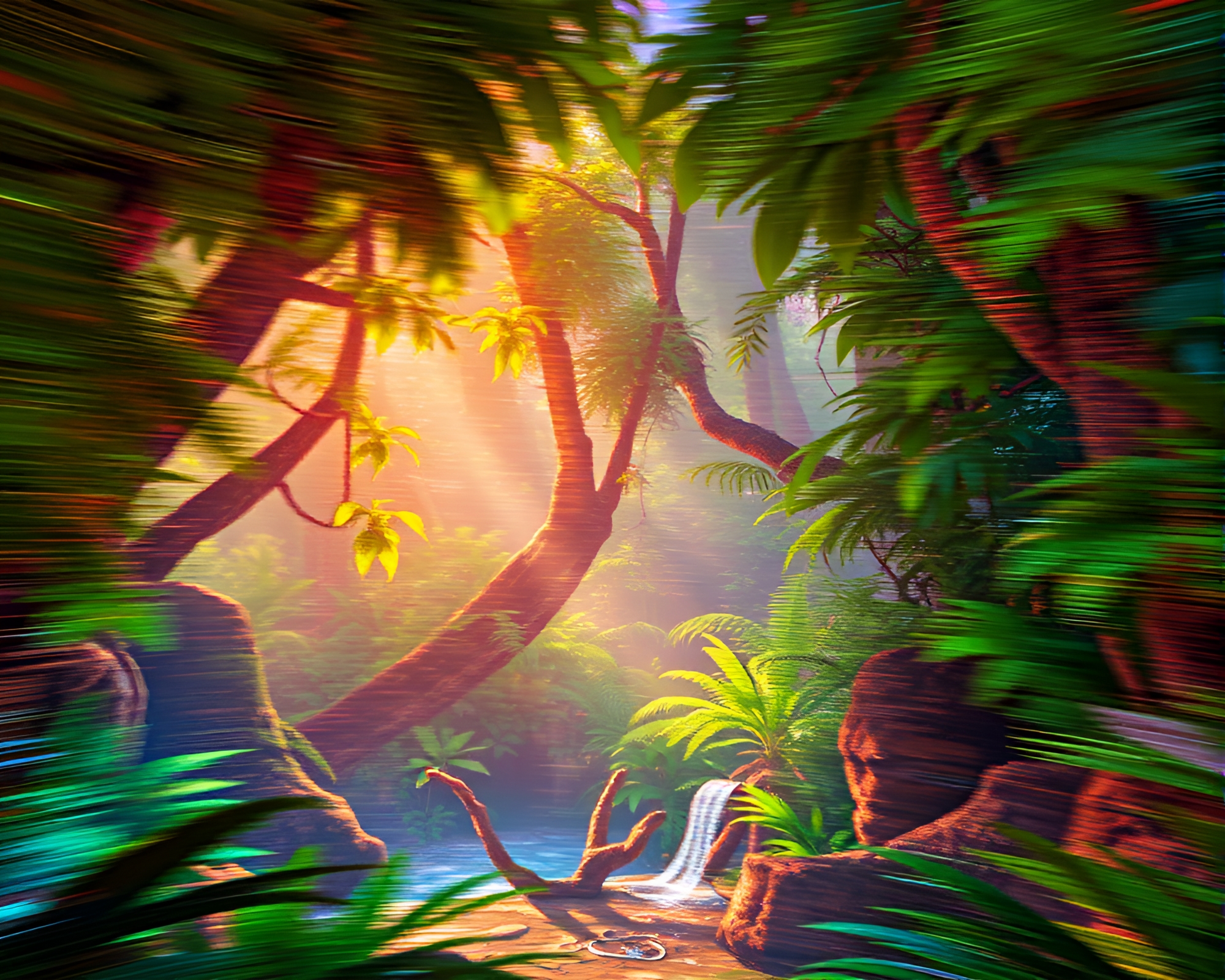 Steampunk Jungle Adventure with Holographic Pan Motion Blur – free AI stock image