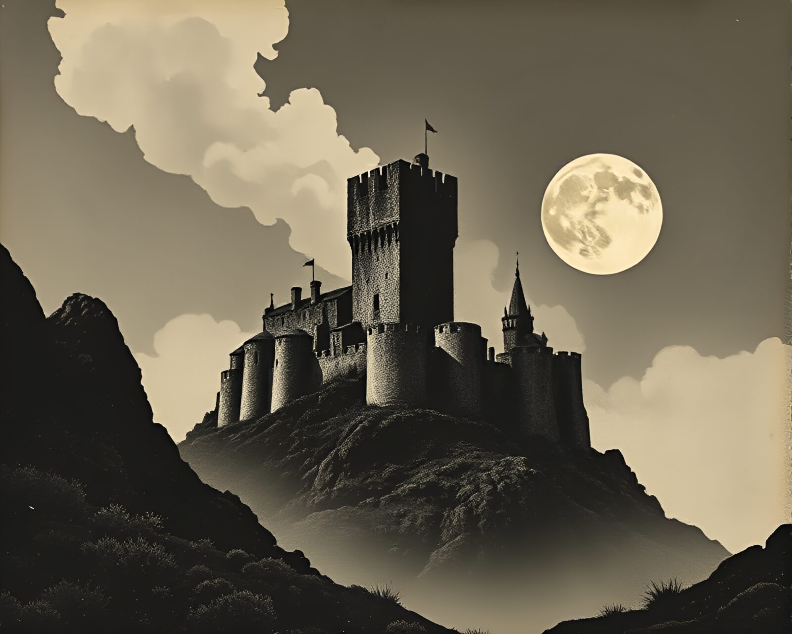 Dark, eerie castle abandoned in volcanic ash under film noir lighting
