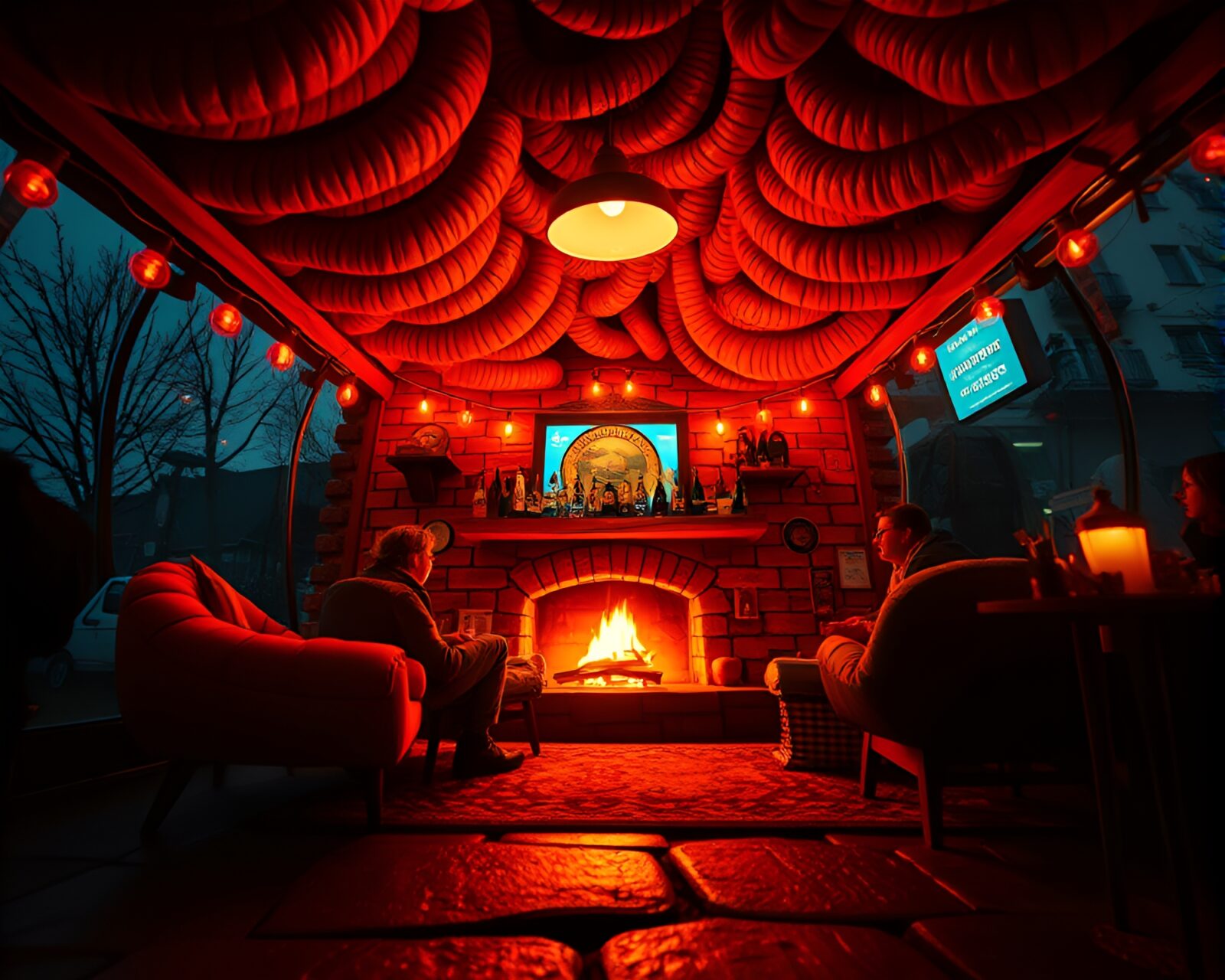 Eerie taco stand bathed in flickering firelight from below