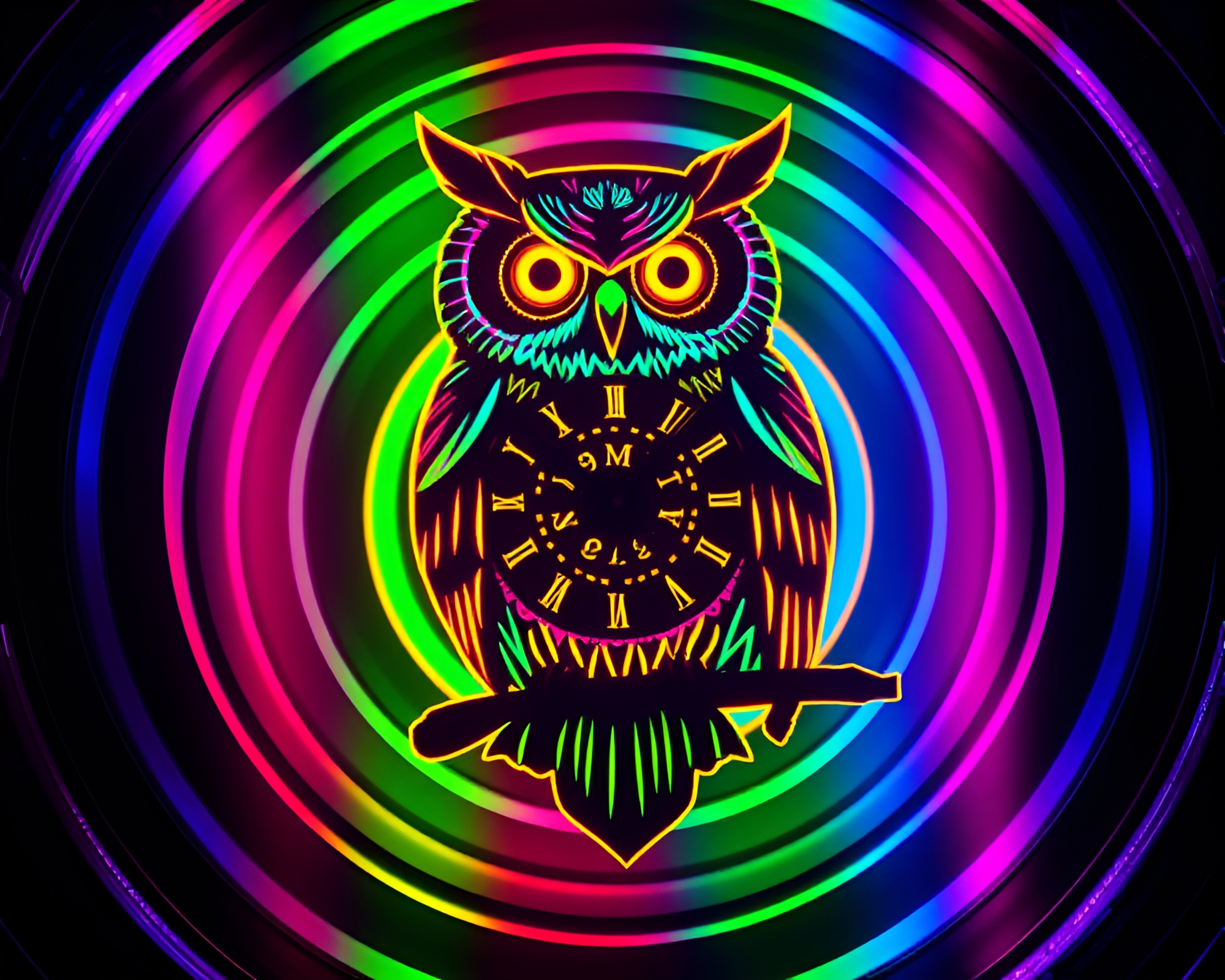 Clockwork Owl in Vibrant Holographic Circles – free AI stock image