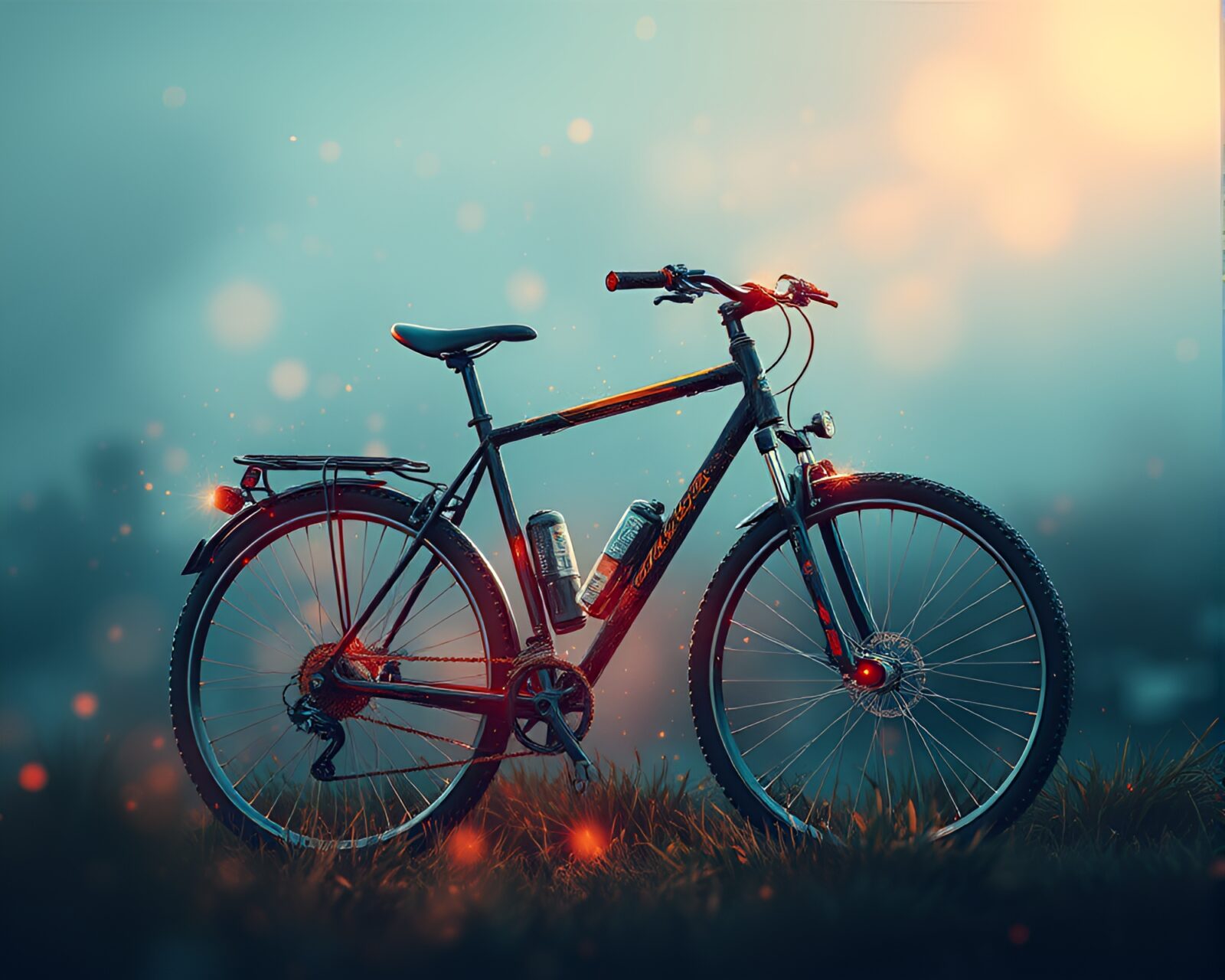 Grain overlay technical illustration of a bicyclist in misty air