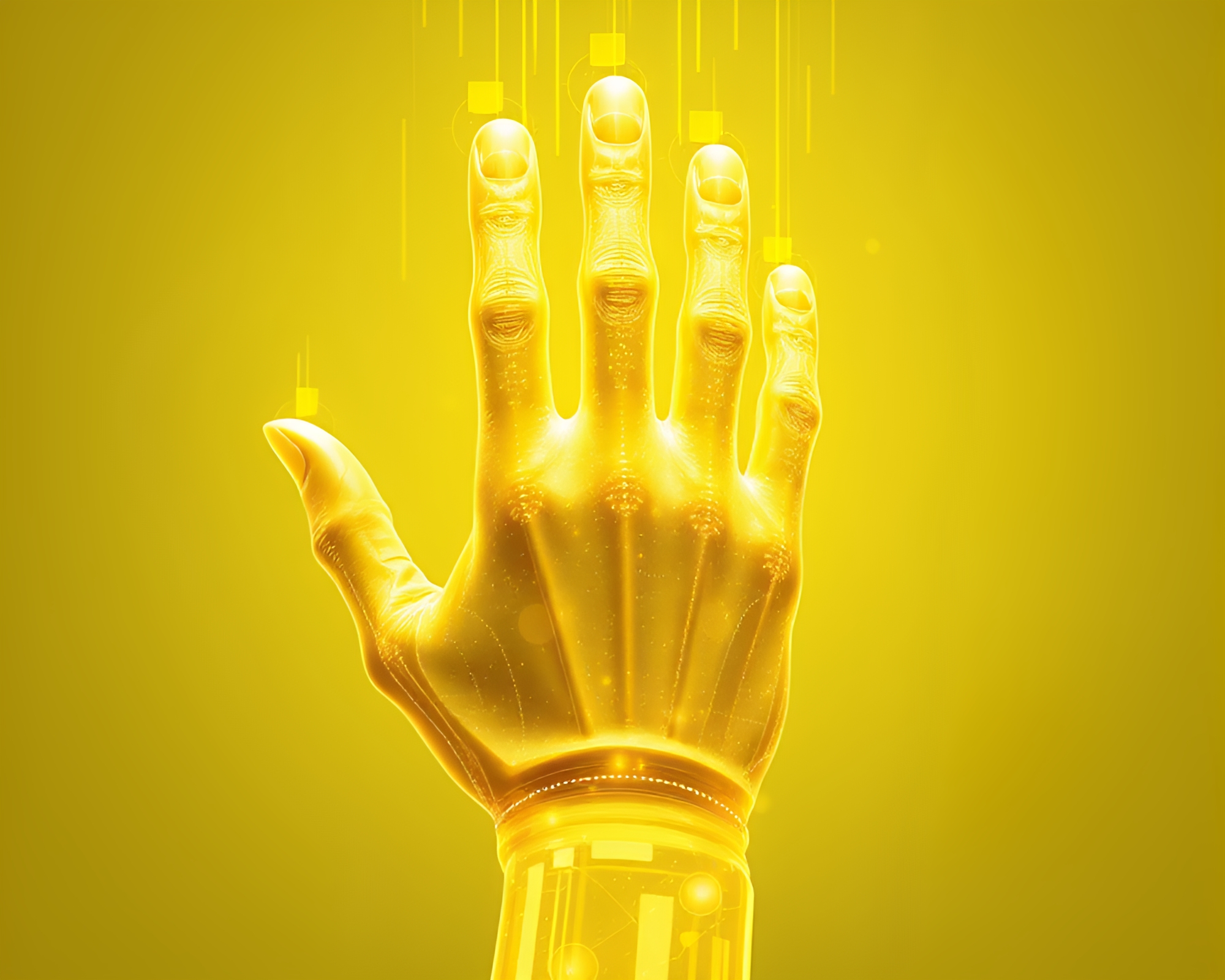 Cybernetic Hand in Lemon Yellow Digital Noise – free AI stock image