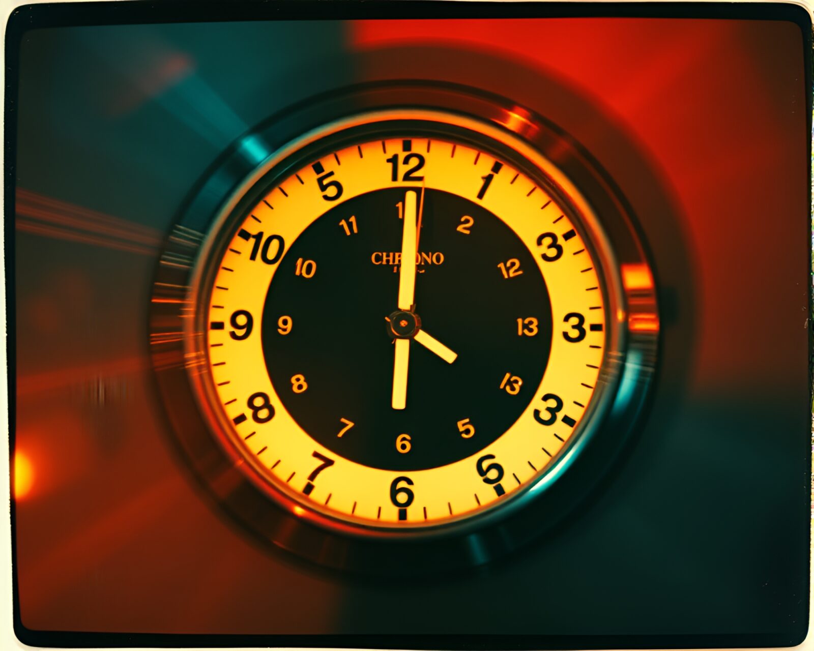 Vintage clock with blurred motion effect in Polaroid frame