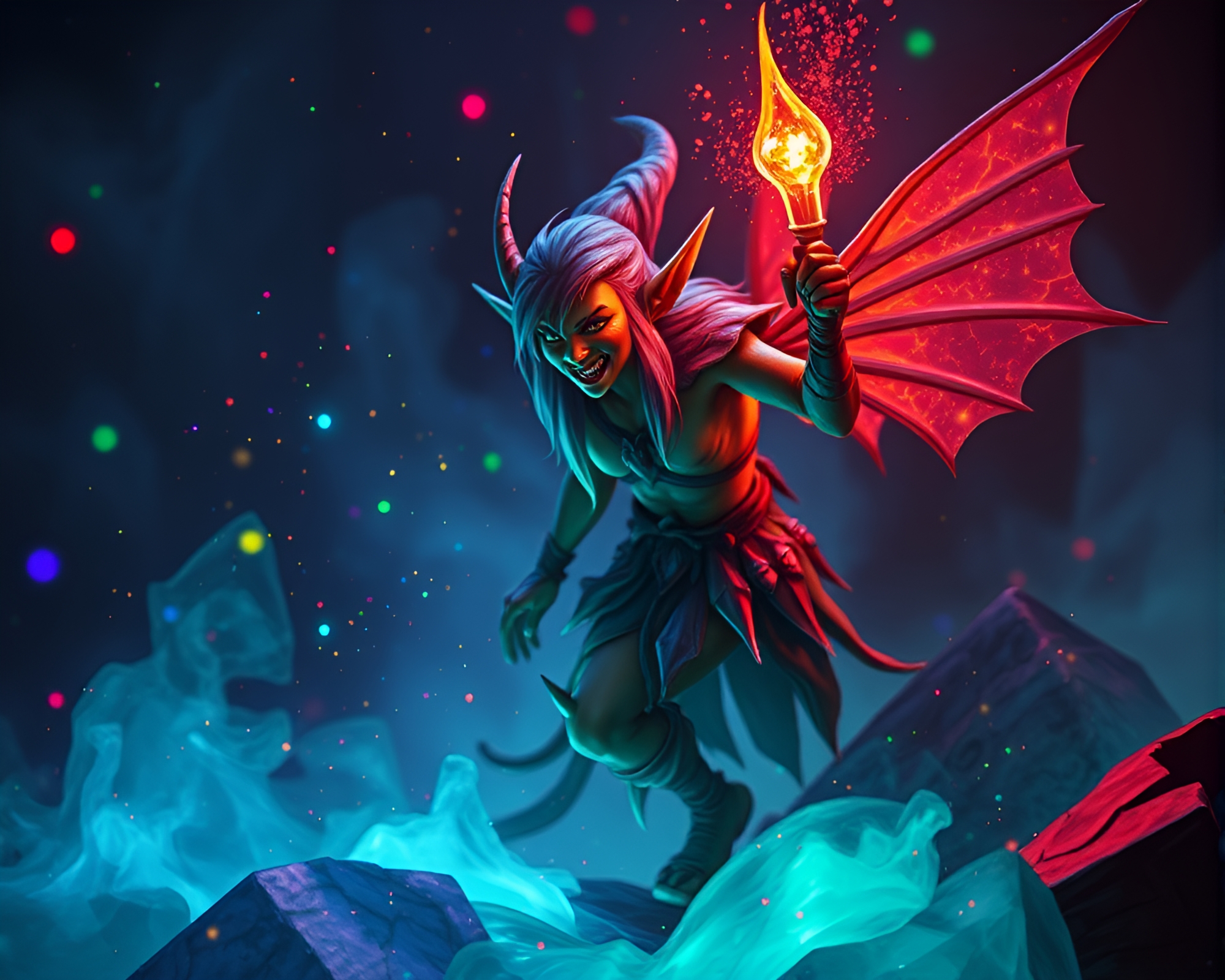 Enchanting Elf in Dungeon Torchlight Hologram – free AI stock image