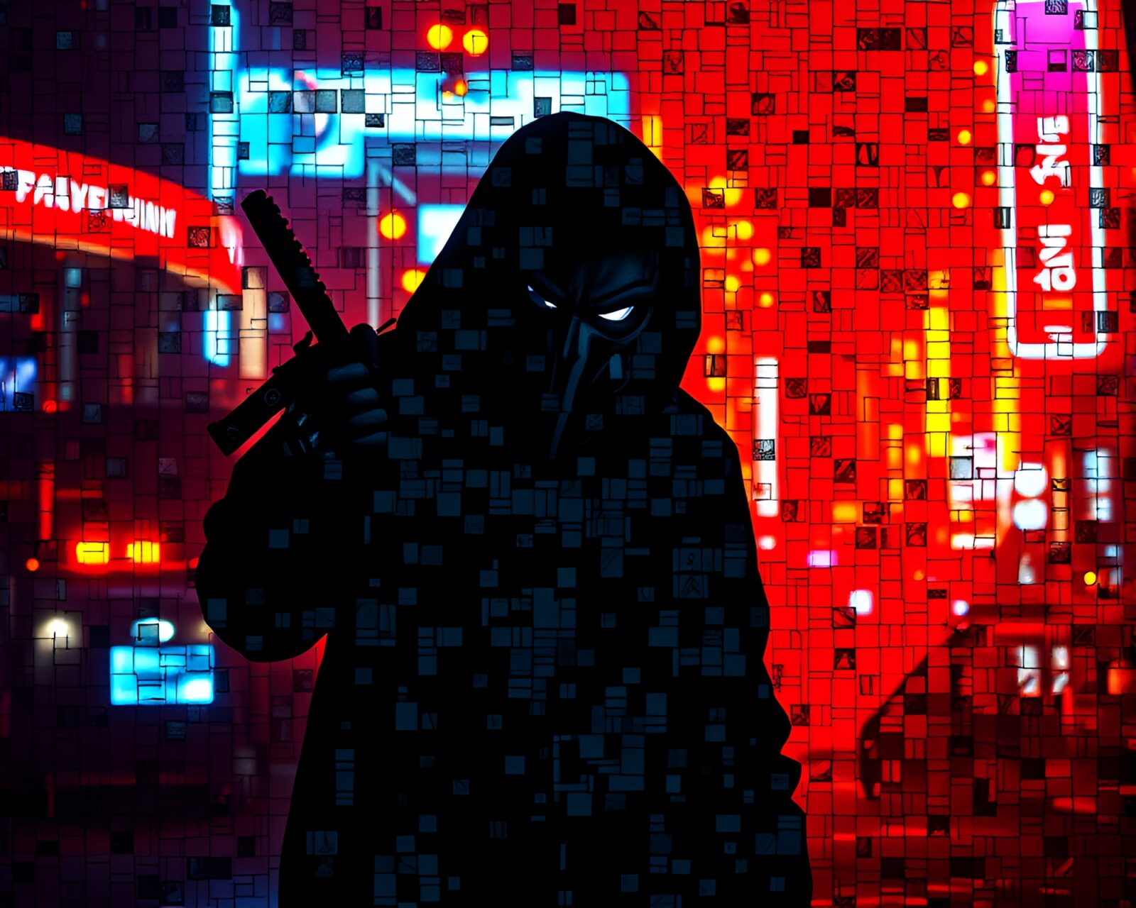 A shadowy figure in neon-lit urban landscape with reflections