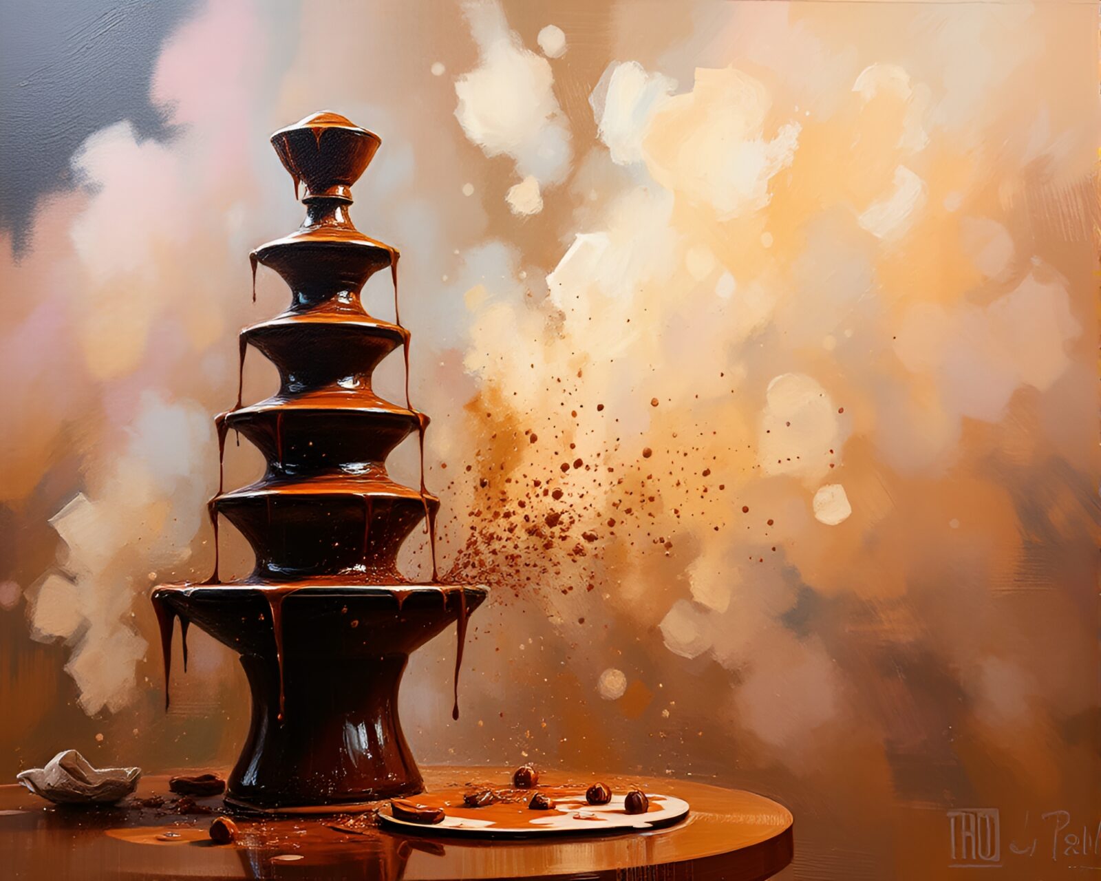 Hazy palette knife painting of a chocolate fountain in motion