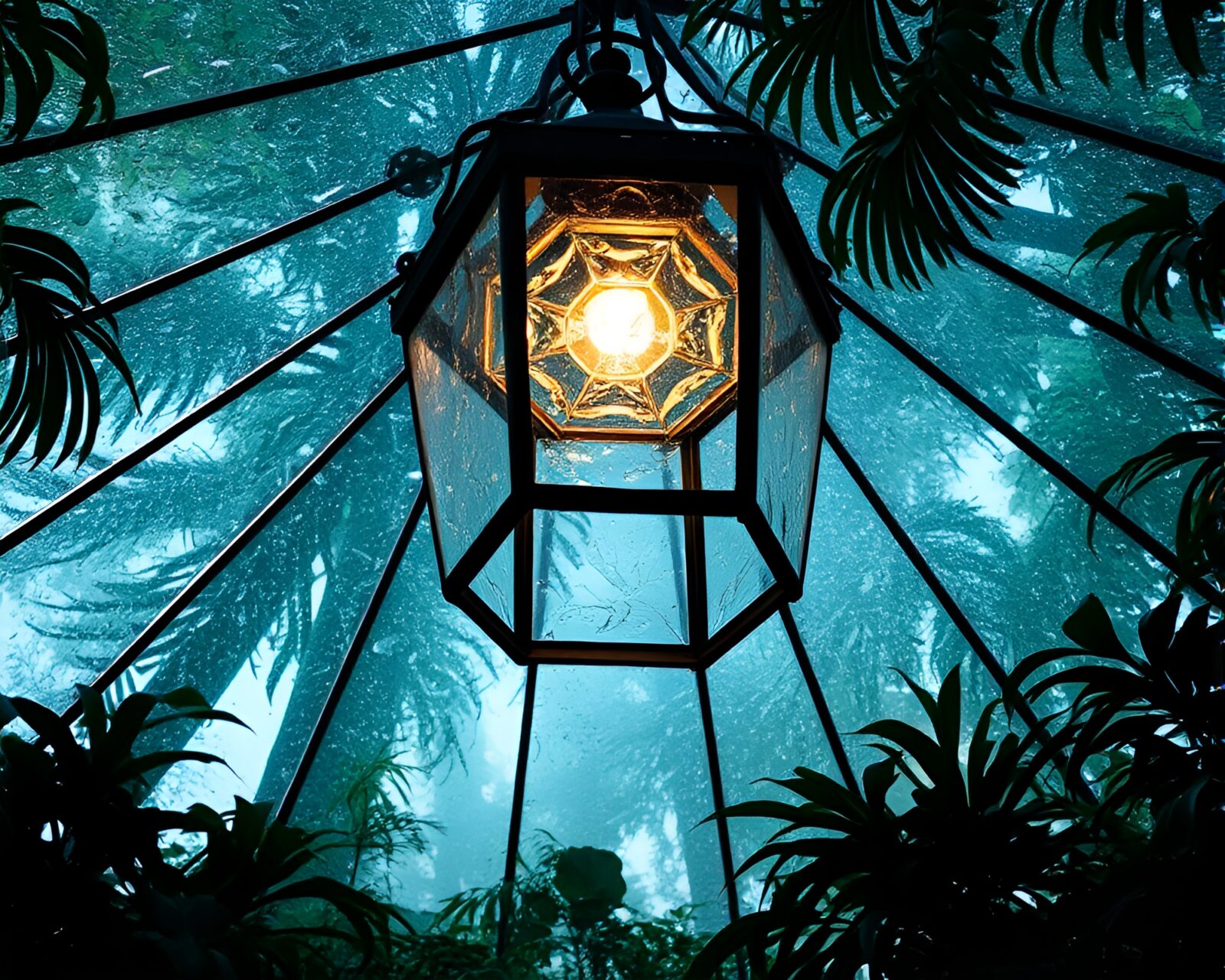 Écorché study of rainforest canopy with glass shards and lanterns