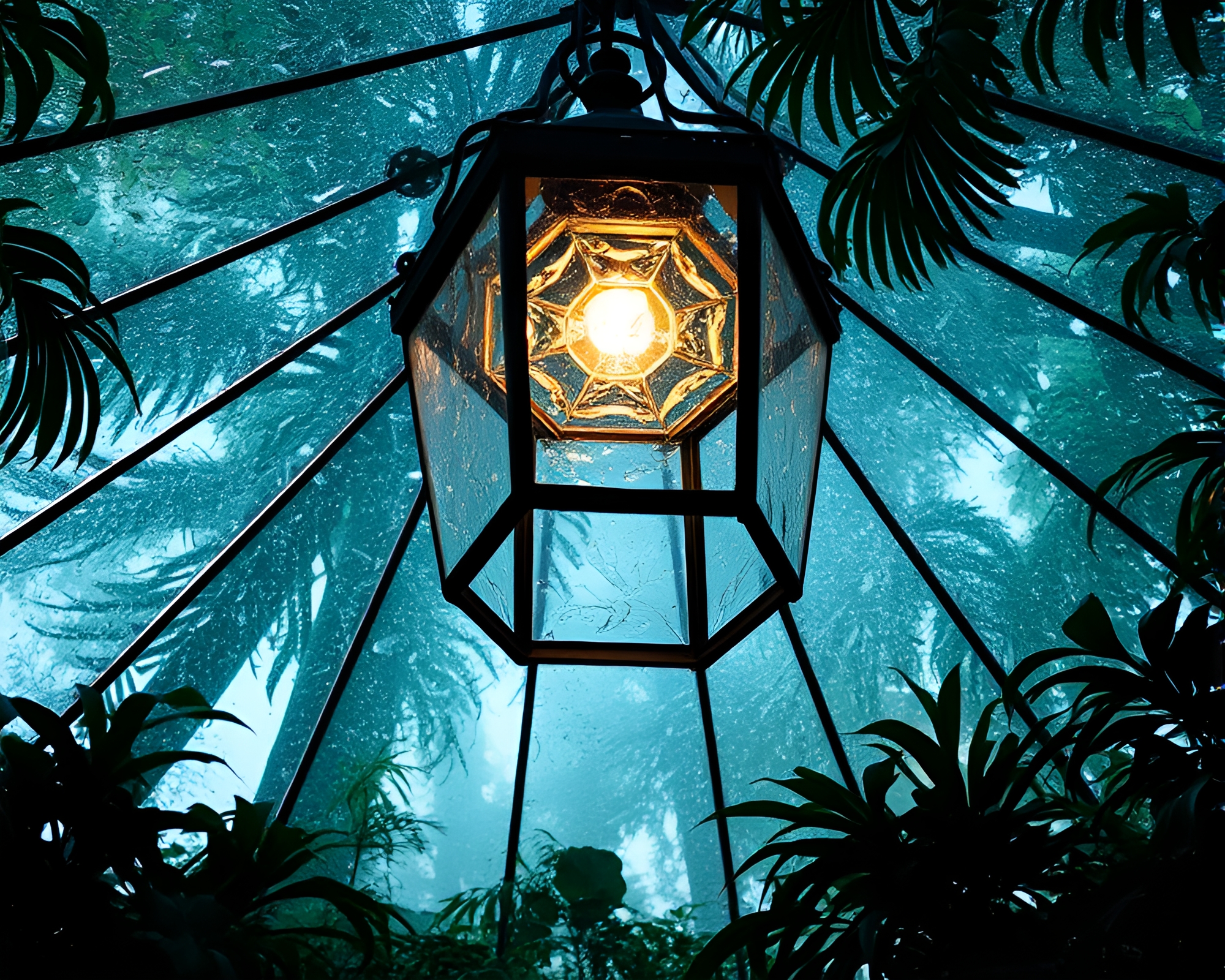 Shattered Glass Canopy Illuminated by Lantern Light – free AI stock image
