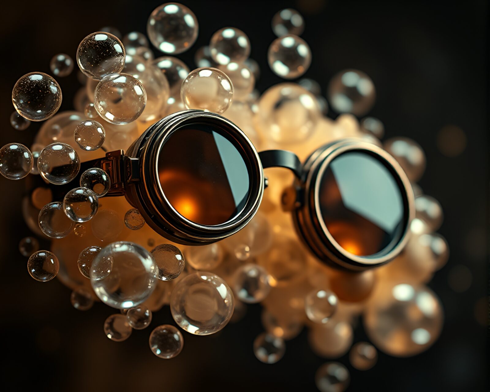 Muted earth tones spotlight on intricate steampunk goggles and bubbles