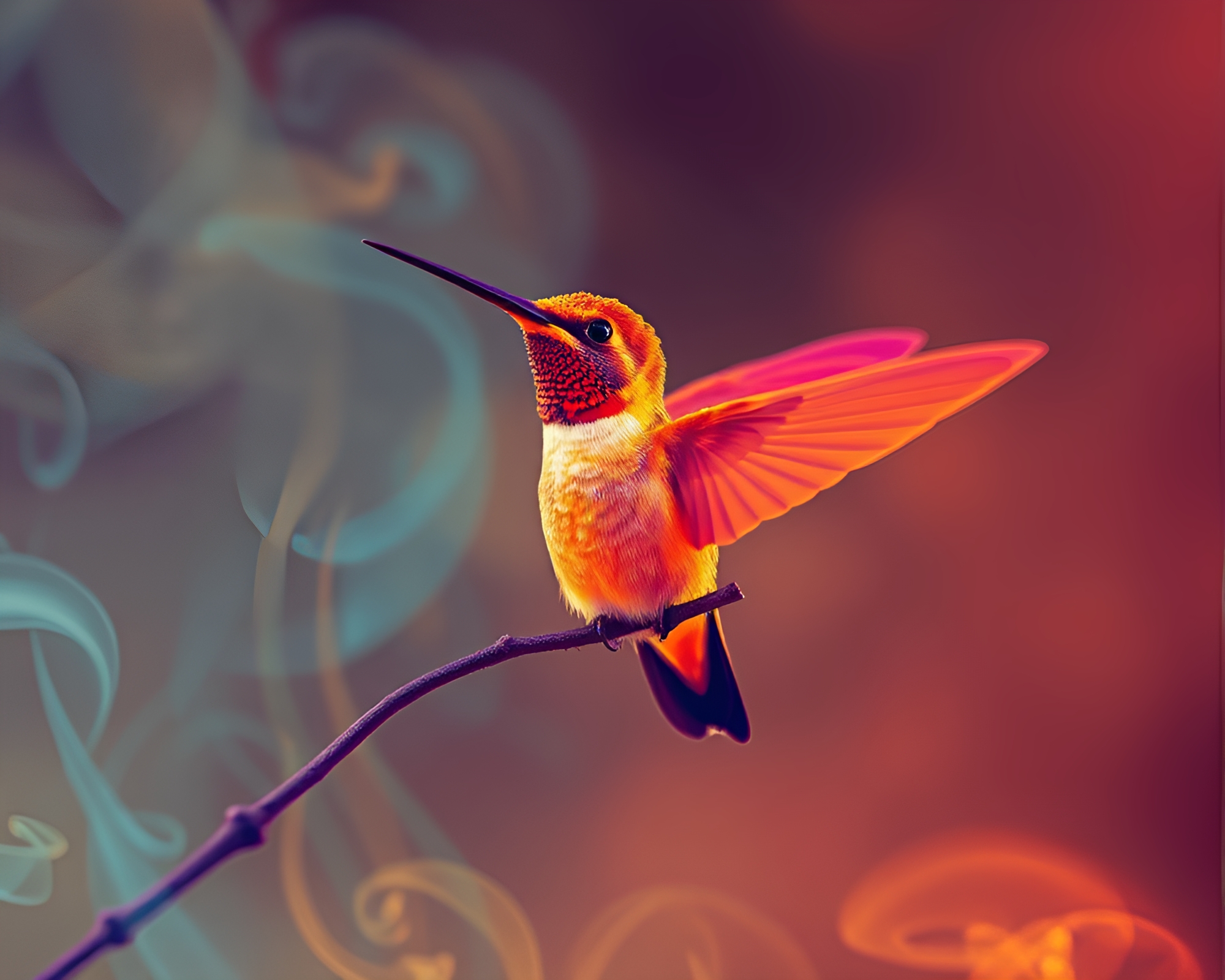 Dynamic Hummingbird in Iridescent Smoke Rings – free AI stock image
