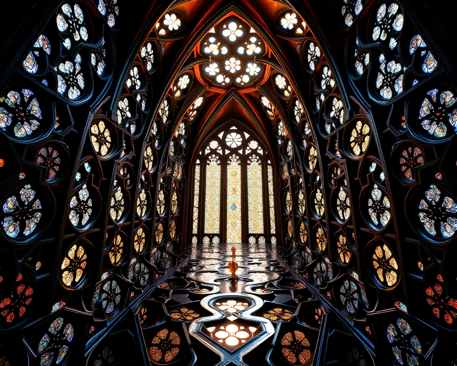 Fantastical stained-glass mirrored cathedral with organic patterns.