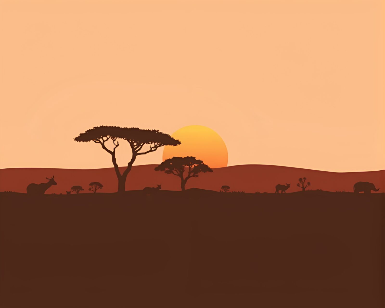 Silhouetted animals against a colorful savanna sunset with shadows