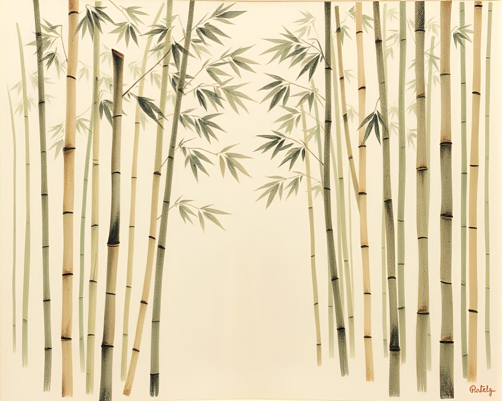 Tranquil bamboo grove depicted with meticulous sgraffito technique