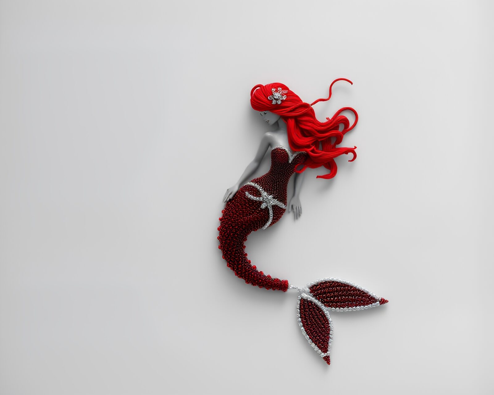 Beautiful monochrome red mermaid adorned with intricate beadwork