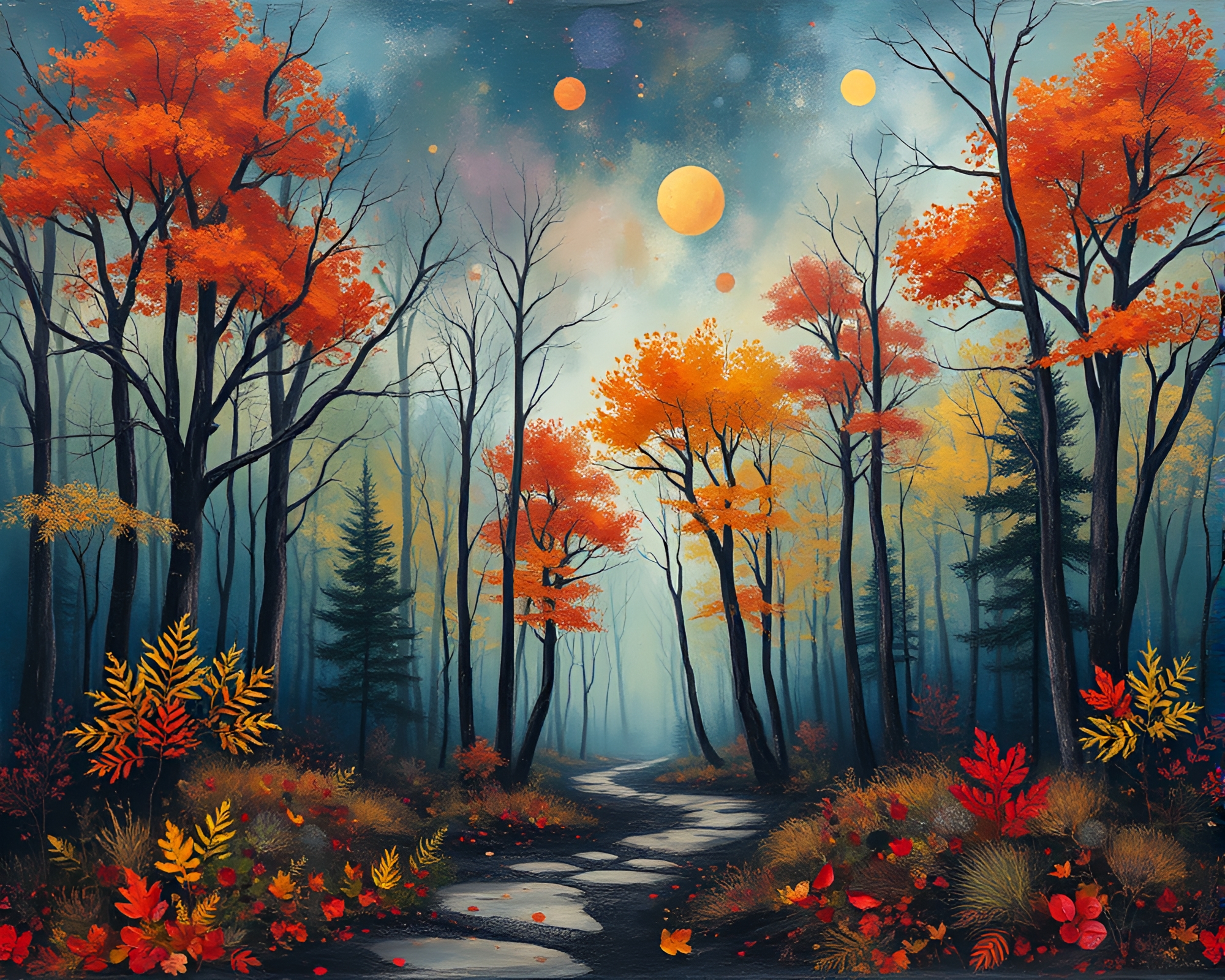 Utopian Autumn Forest with Street Art Tags – free AI stock image