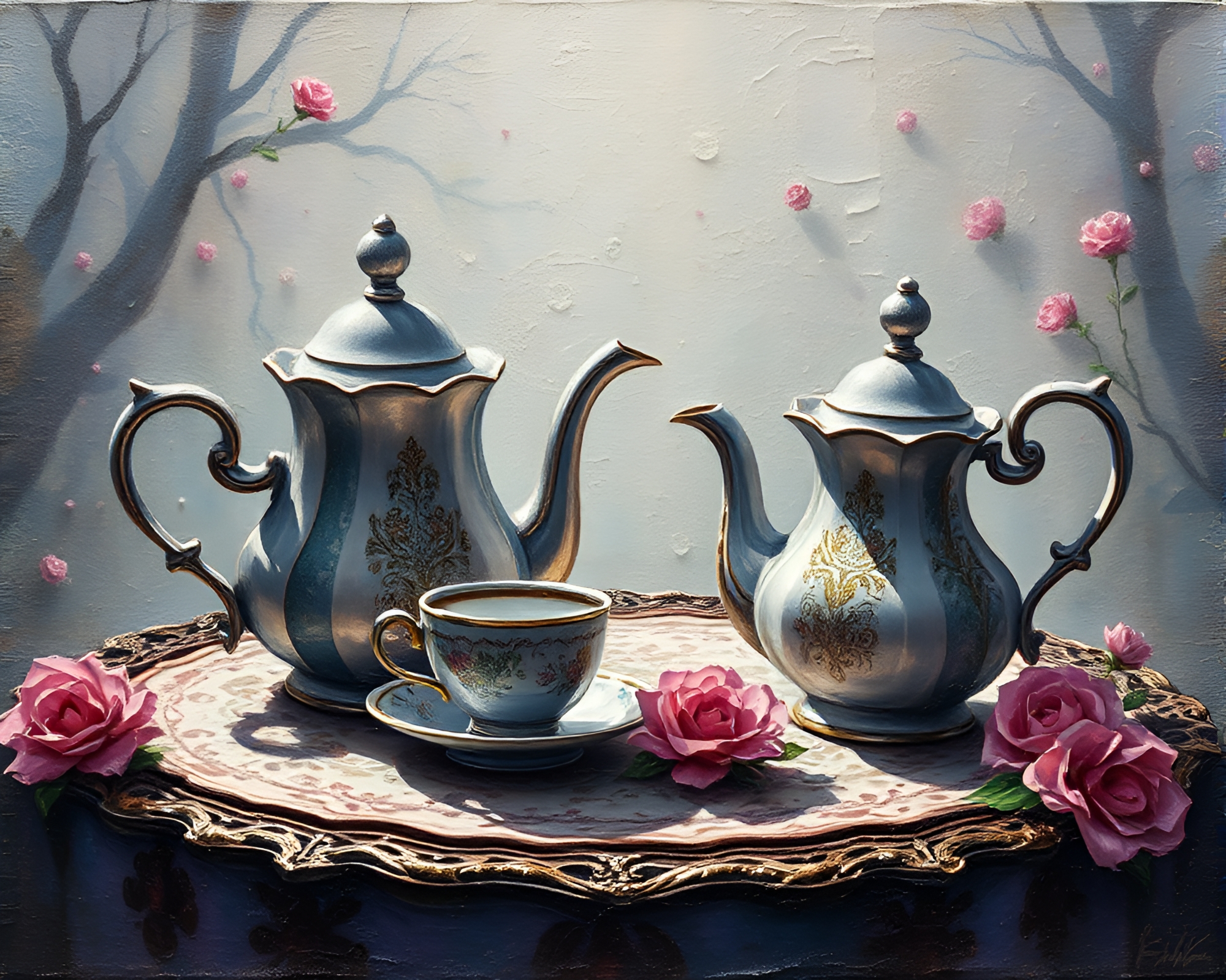 Alice’s Tea Party in Grunge Style Impasto Illustration – free AI stock image
