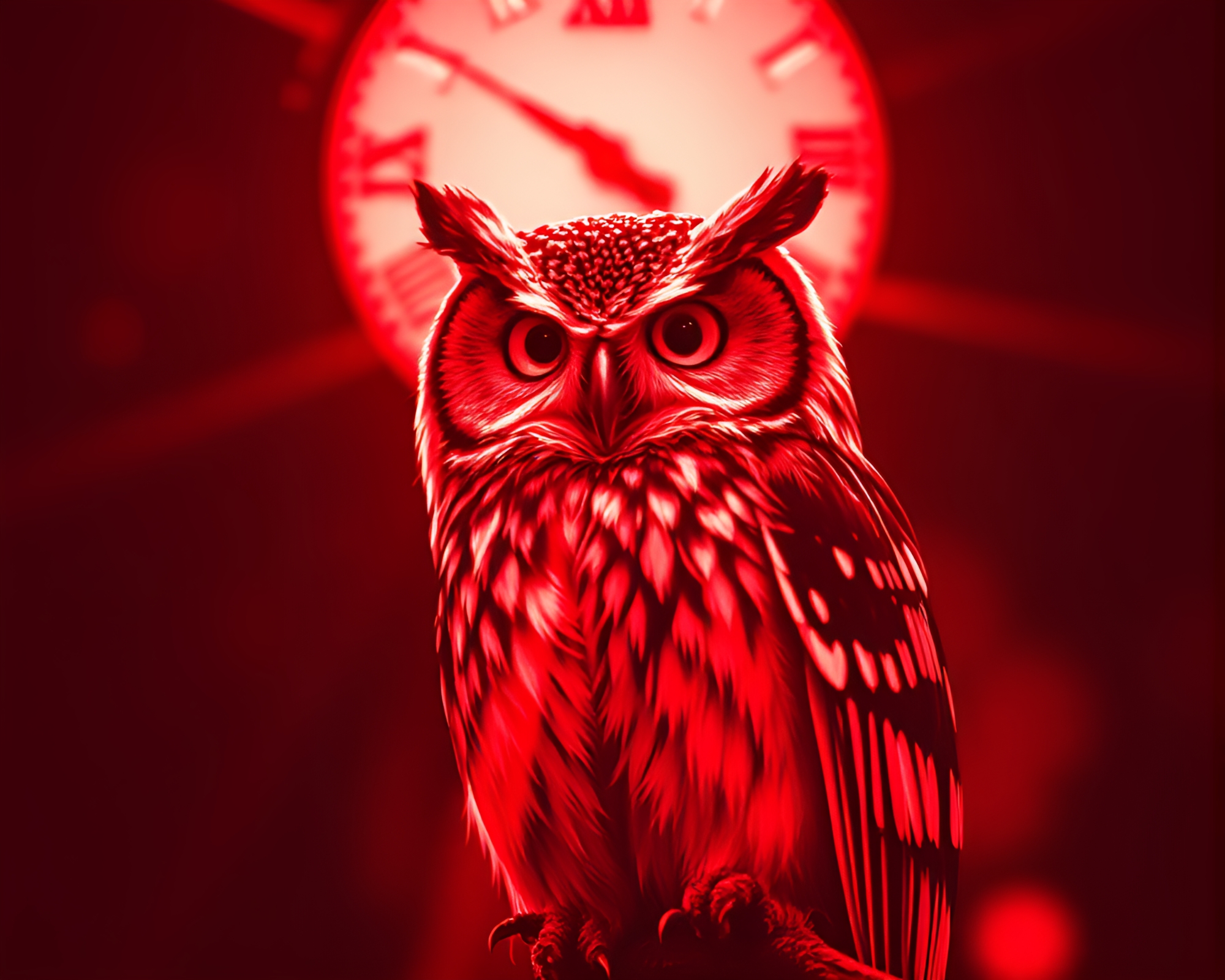 Clockwork Owl in Crimson Monochrome Lens Flare – free AI stock image