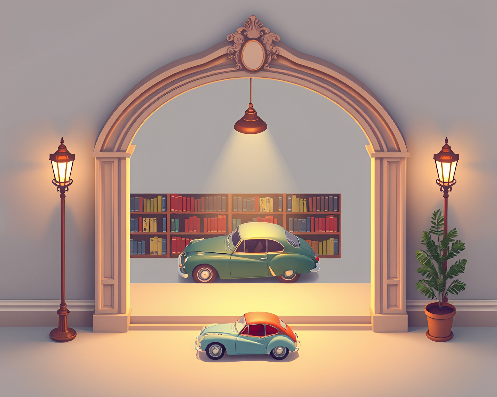Vintage Car in Illuminated Library Isometric Illustration – free AI stock image
